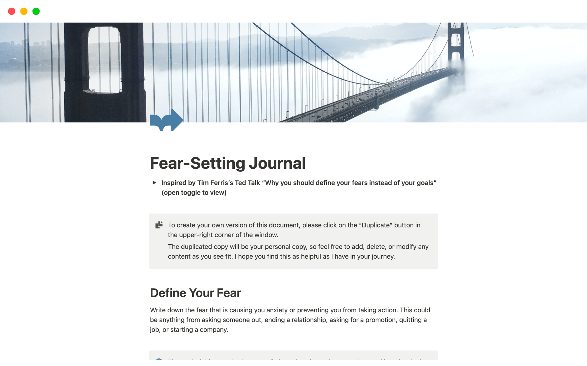 En förhandsgranskning av mallen för Fear-Setting Journal