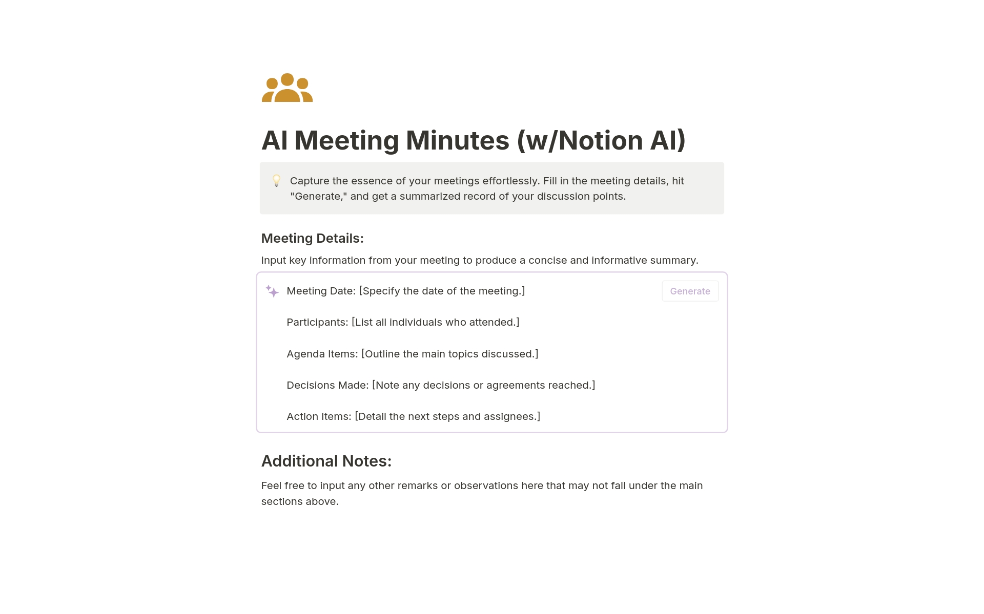 En forhåndsvisning av mal for AI Meeting Minutes
