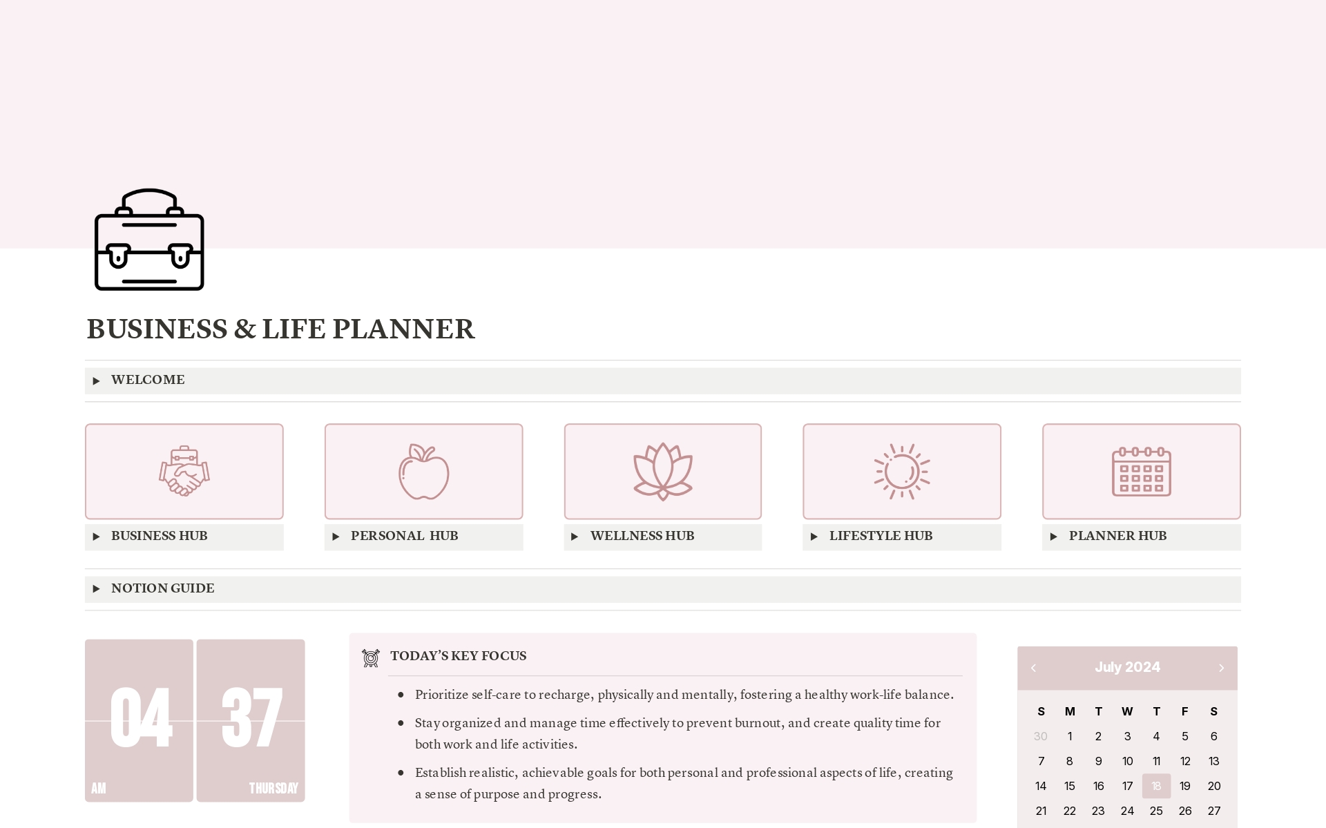 A template preview for Business & Life Planner - Pink