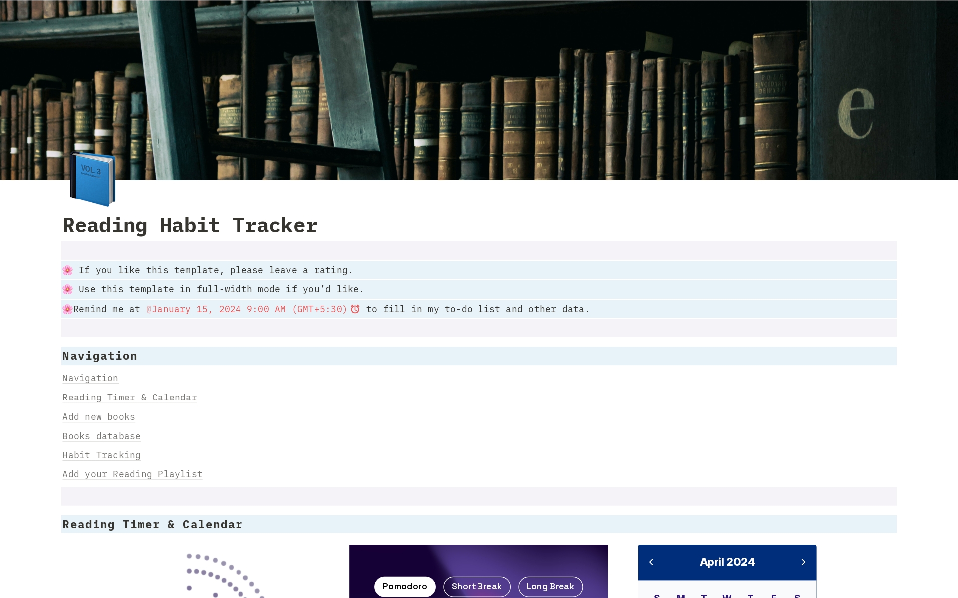 Aesthetic & Simple Reading Habit Trackerのテンプレートのプレビュー