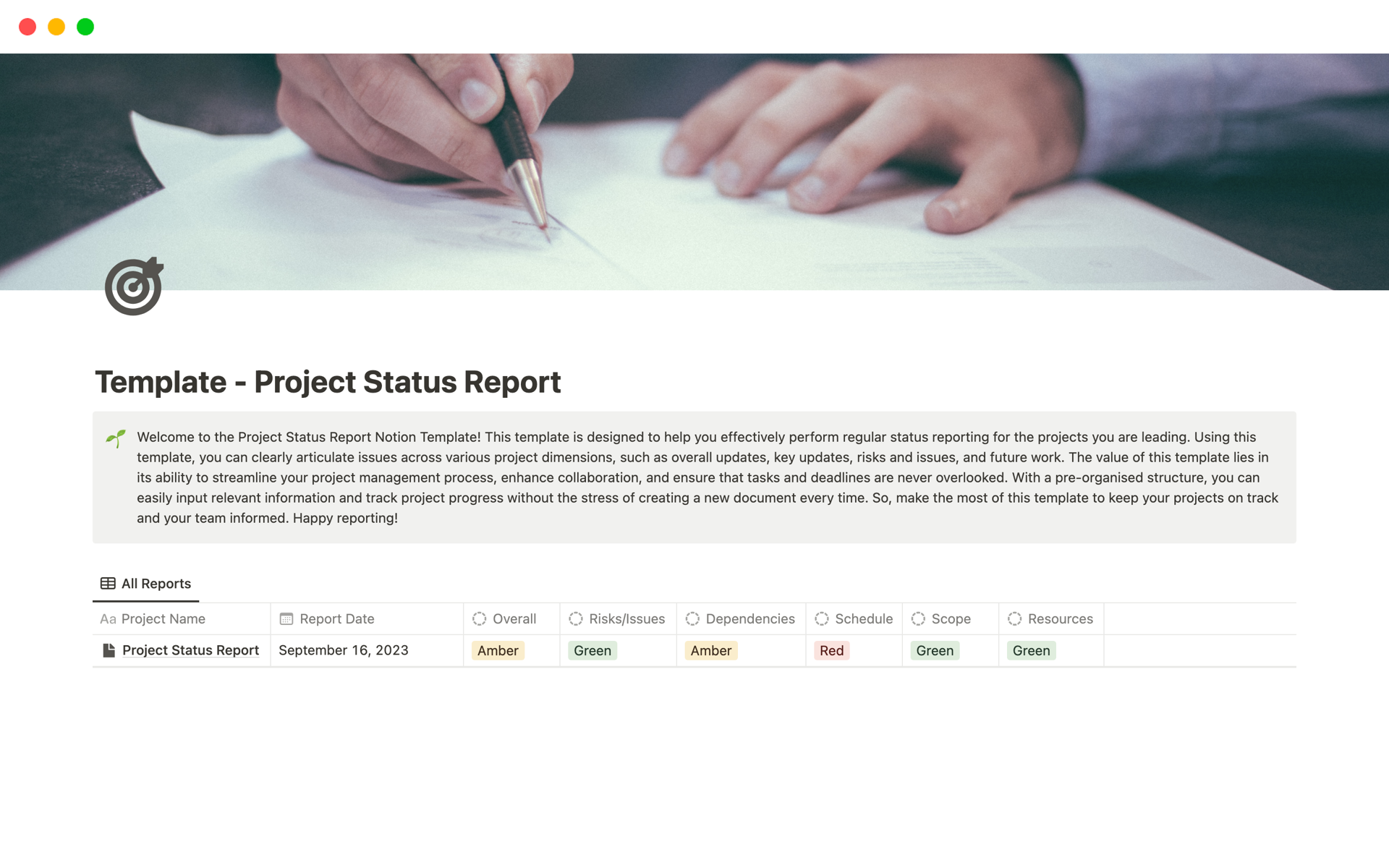 En förhandsgranskning av mallen för Project Status Report