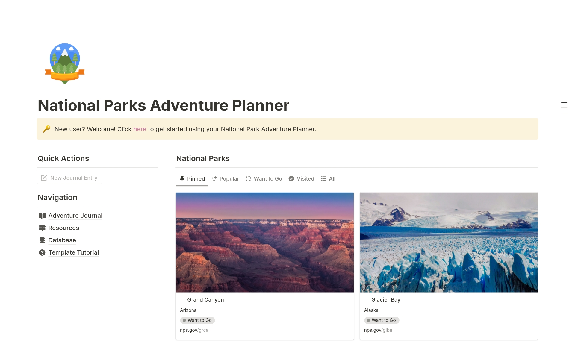 En forhåndsvisning av mal for National Parks Adventure Planner