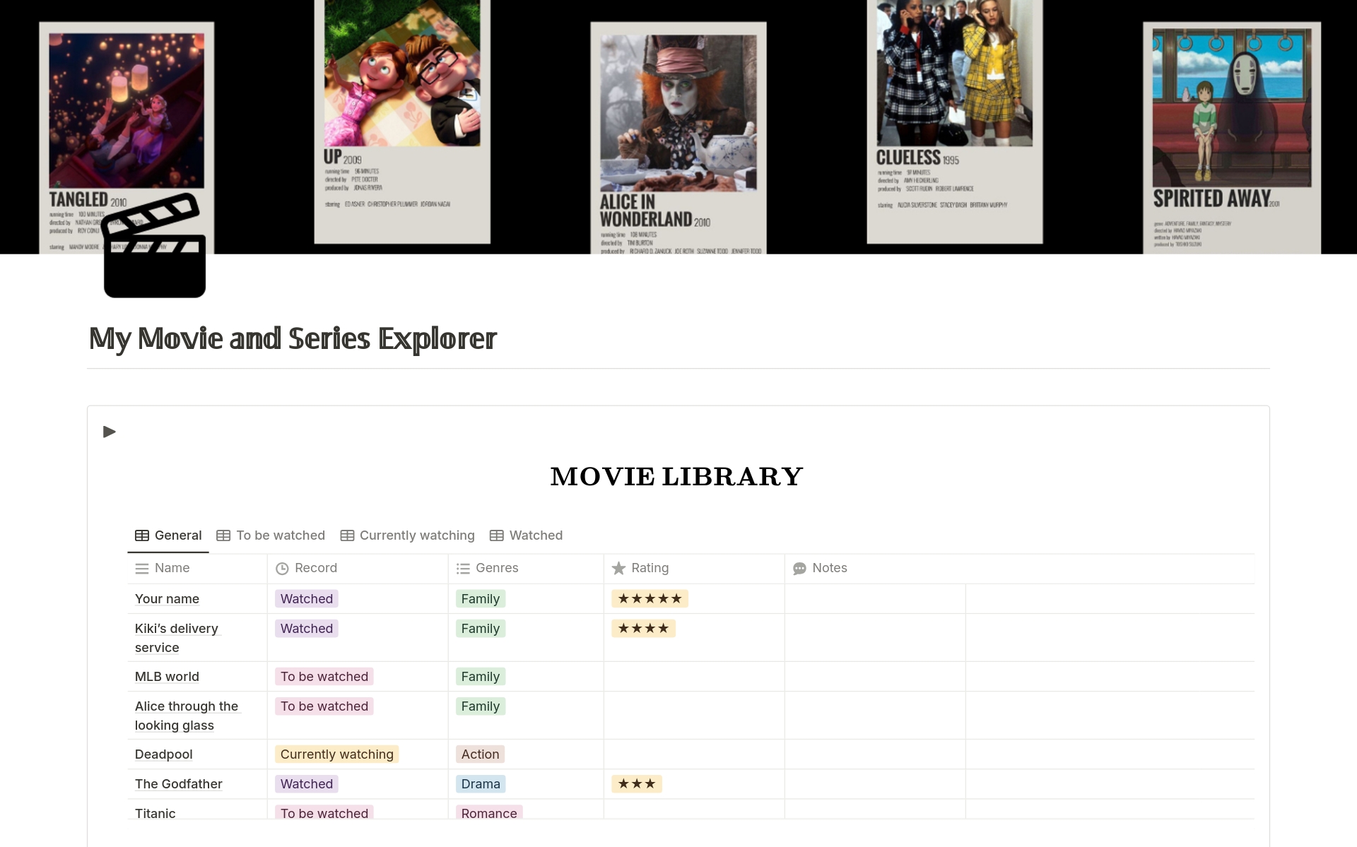 Introducing My Movie and Series Explorer: a comprehensive and interactive digital solution designed for movie and TV enthusiasts! Whether you are a casual viewer or a dedicated cinephile, this template is perfect for organizing and rating everything you watch. 