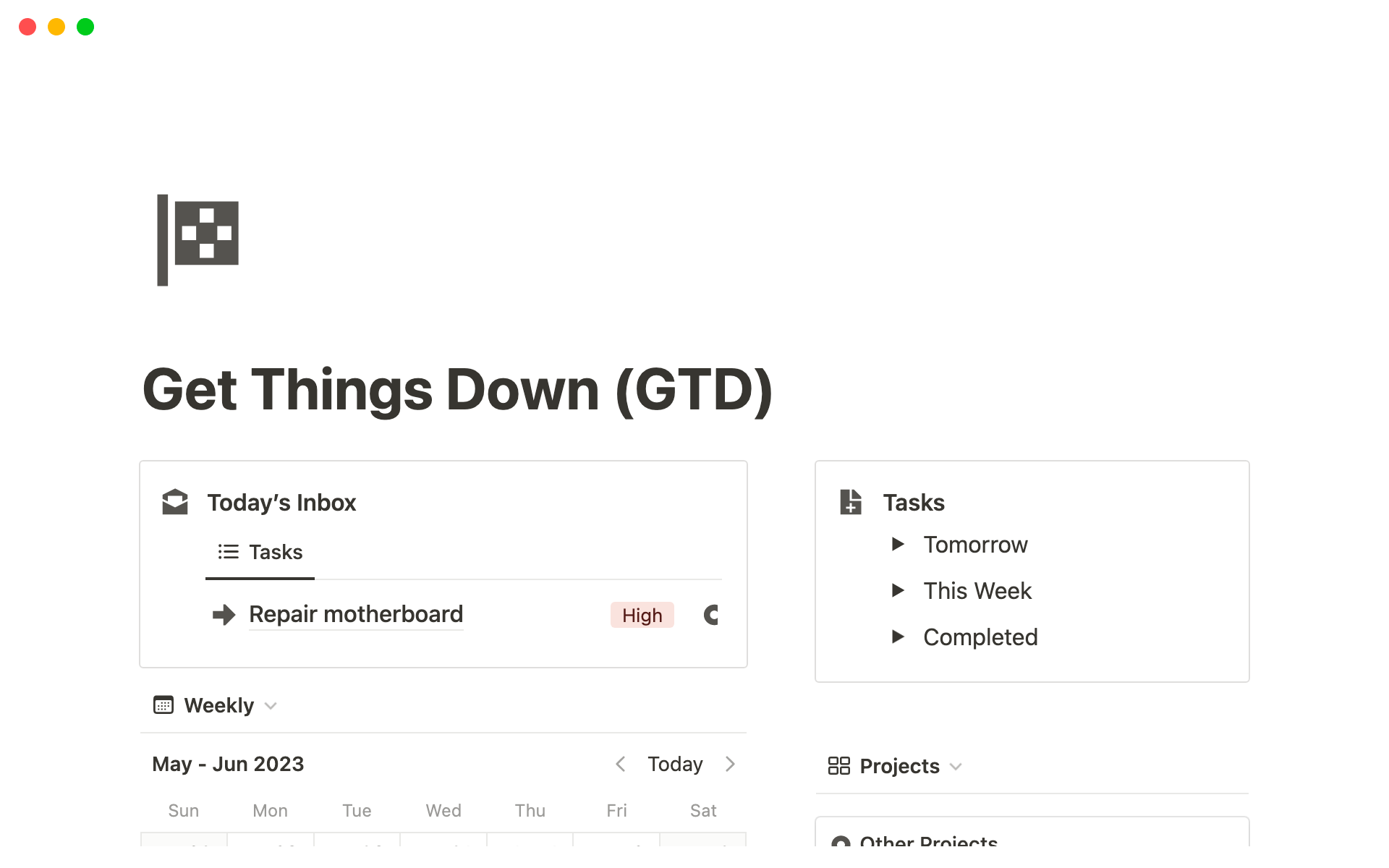 En forhåndsvisning av mal for Get Things Done (GTD) Notion Template