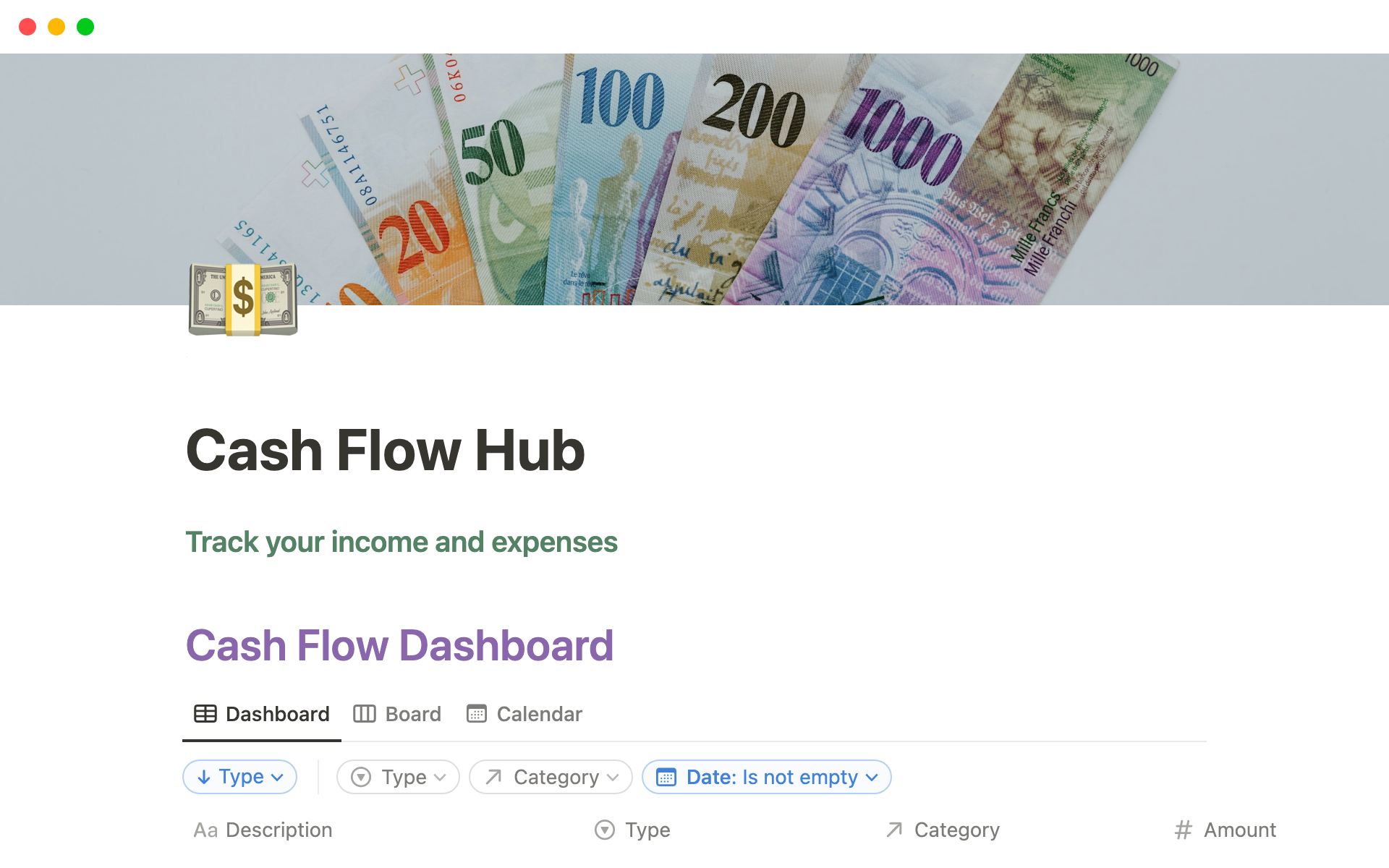 En forhåndsvisning av mal for Cash Flow Hub