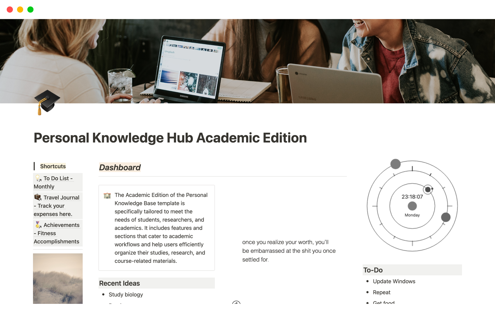 En förhandsgranskning av mallen för Personal Knowledge Hub Academic Edition