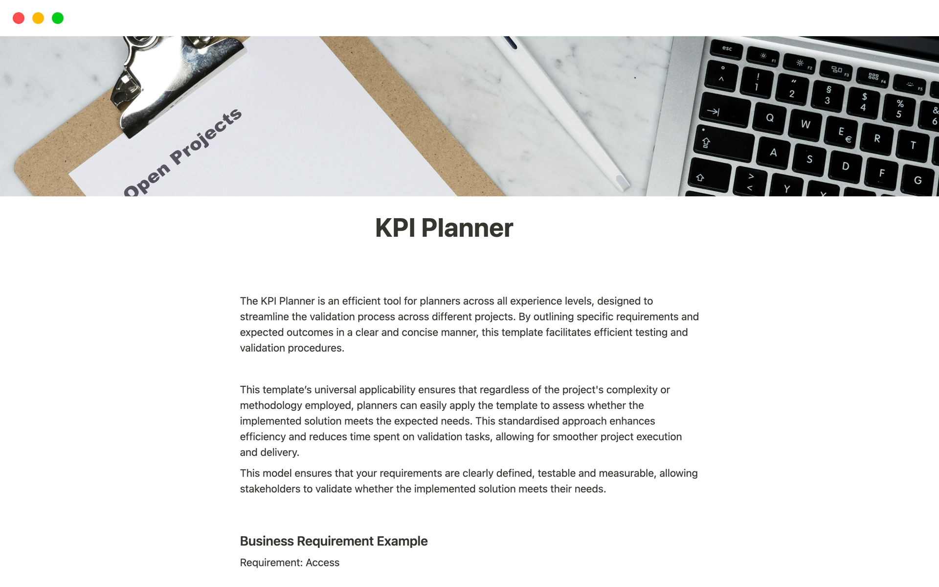 En forhåndsvisning av mal for KPI Planner