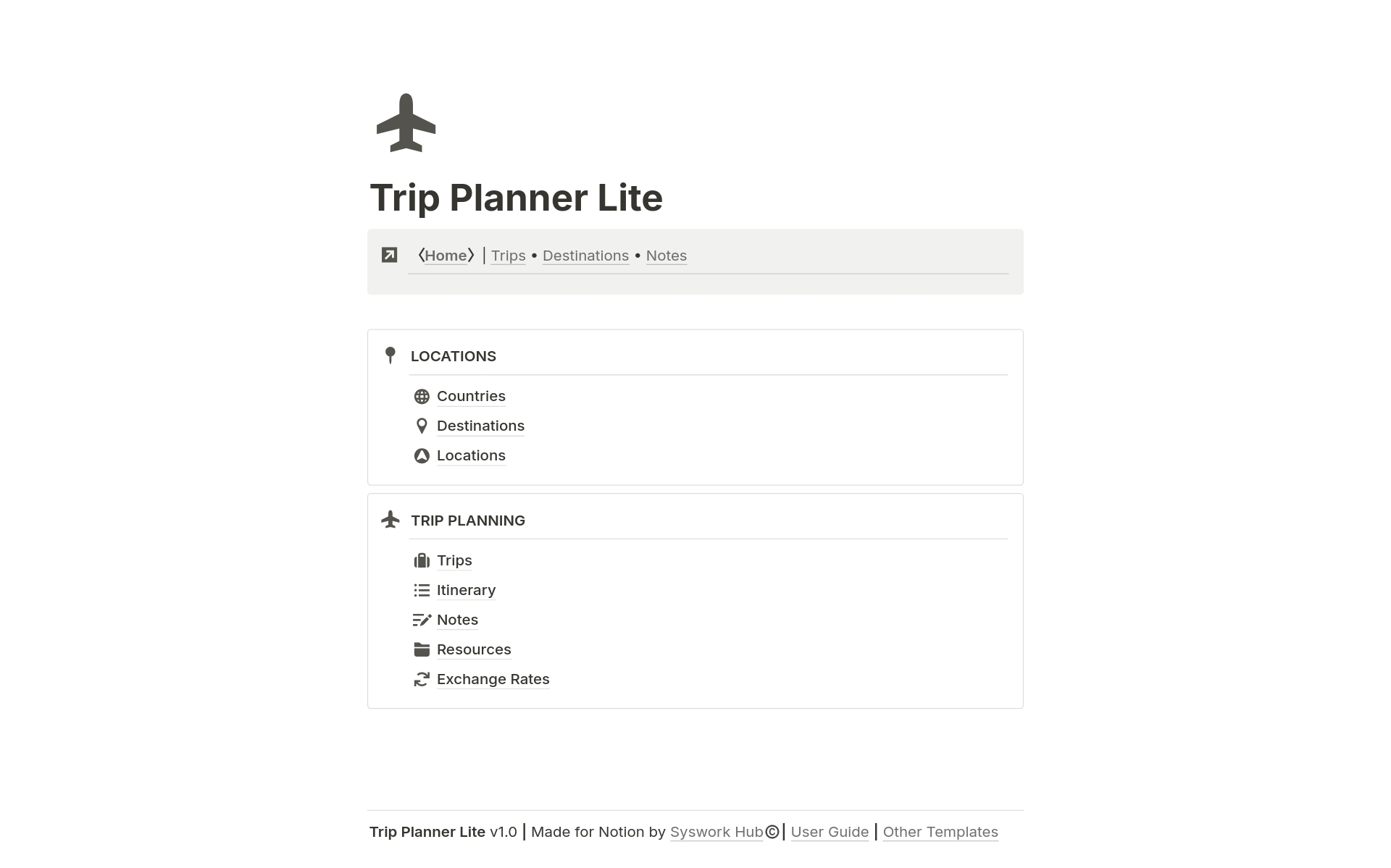 En forhåndsvisning av mal for Trip Planner Lite