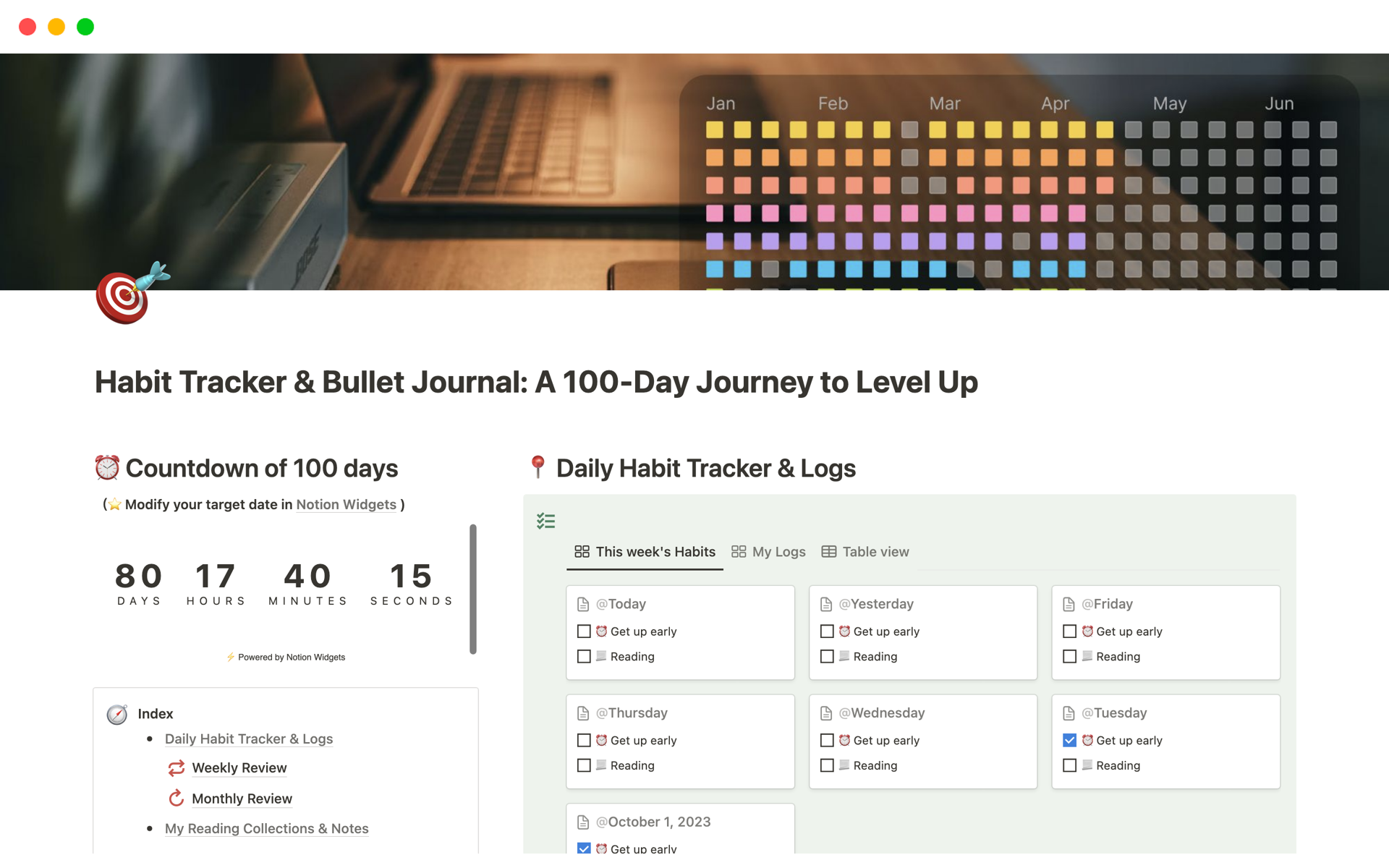 Eine Vorlagenvorschau für Habit Tracker & Bullet Journal