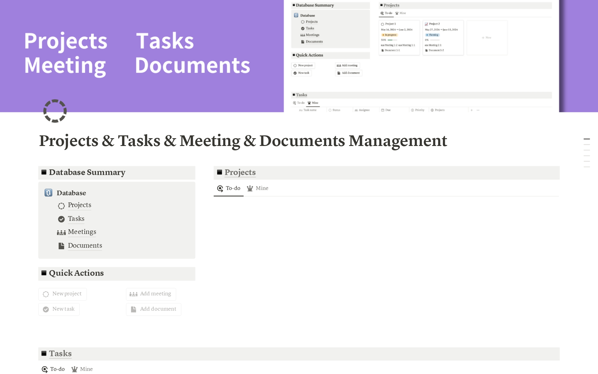 My newly designed Project Task Management template revolutionizes traditional project management by incorporating two additional modules: Meetings and Documents. 

Each project now comes with its dedicated meeting and document management module.