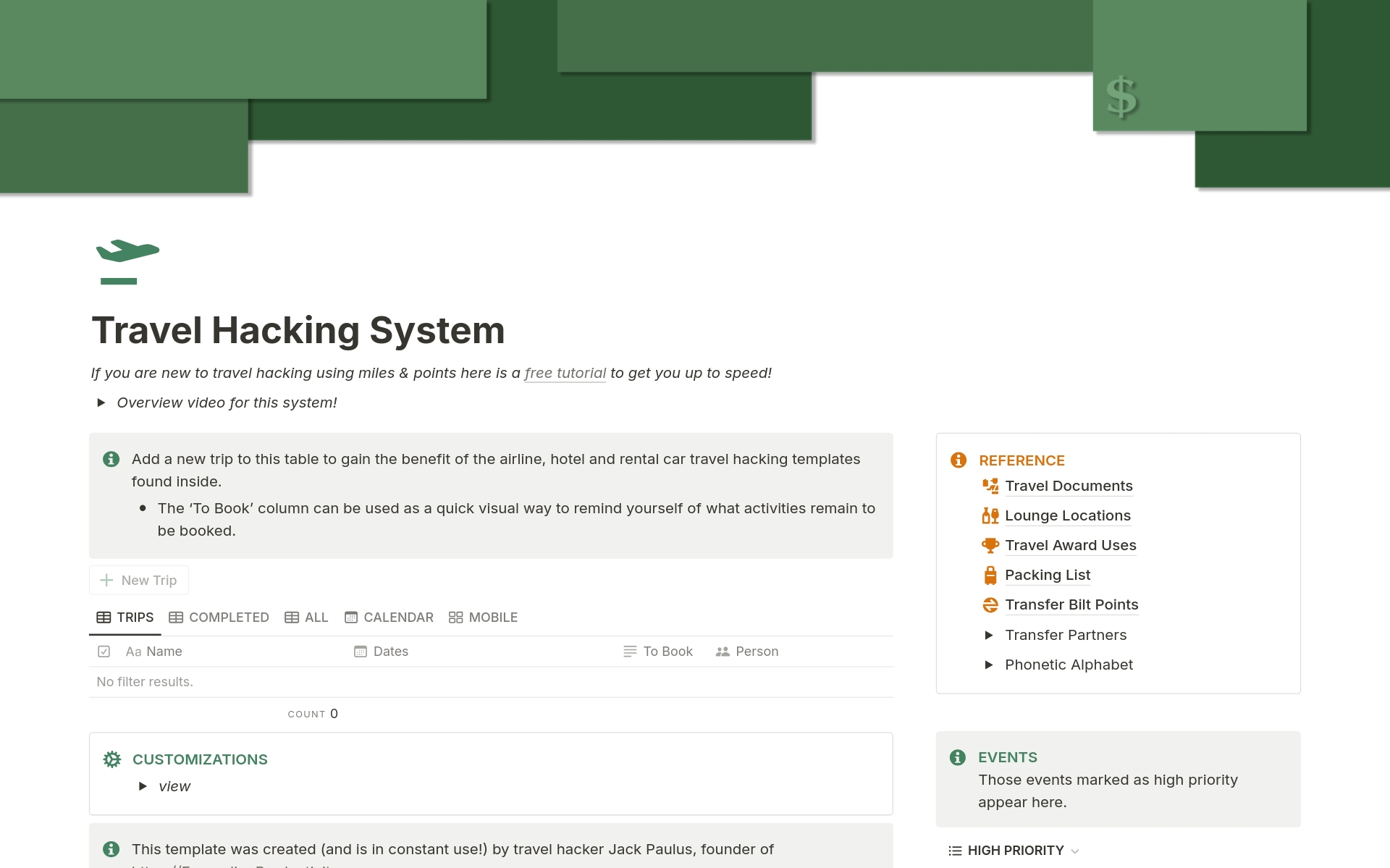 Vista previa de una plantilla para Travel Hacking System