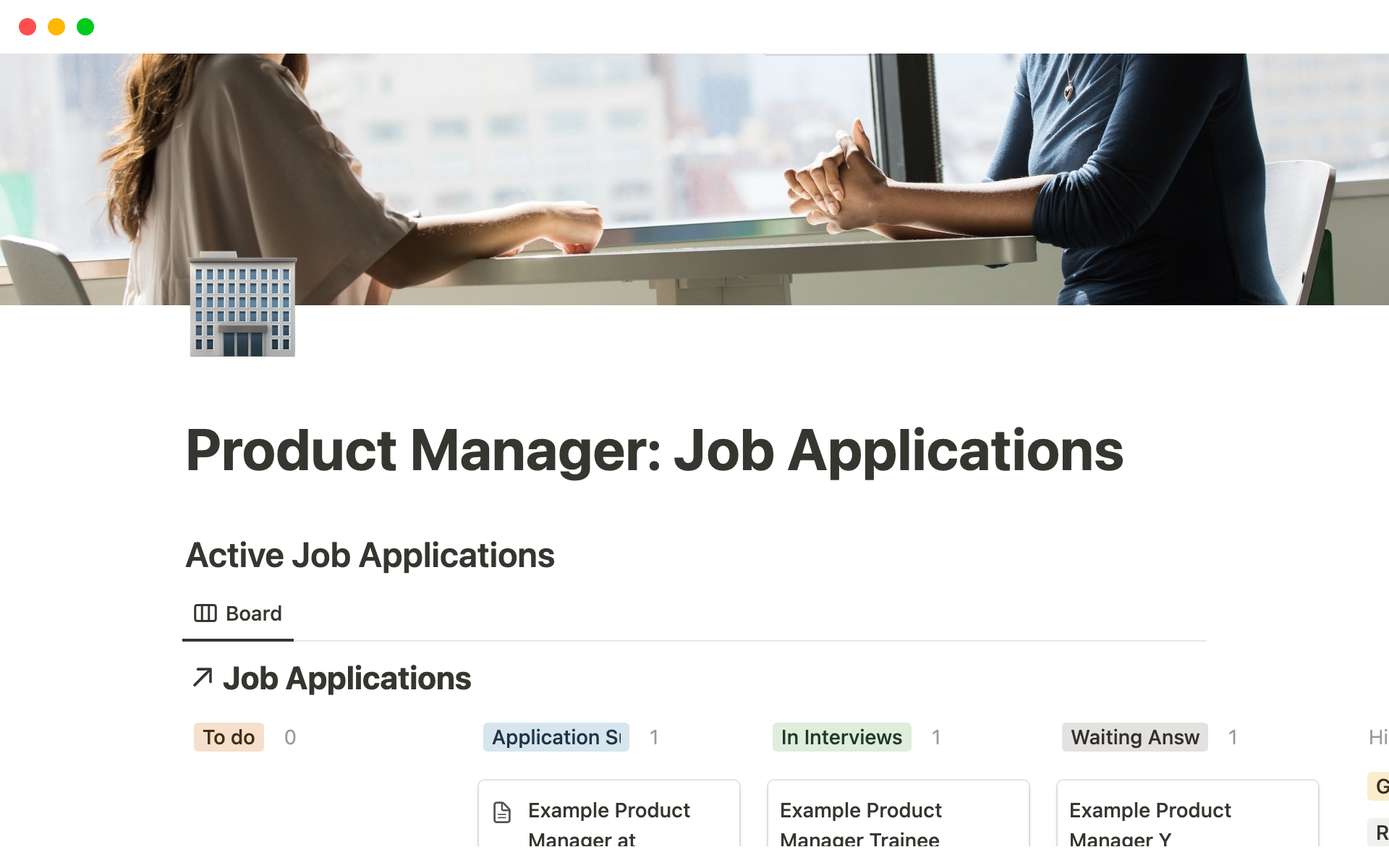 A template preview for Product Management Job Applications