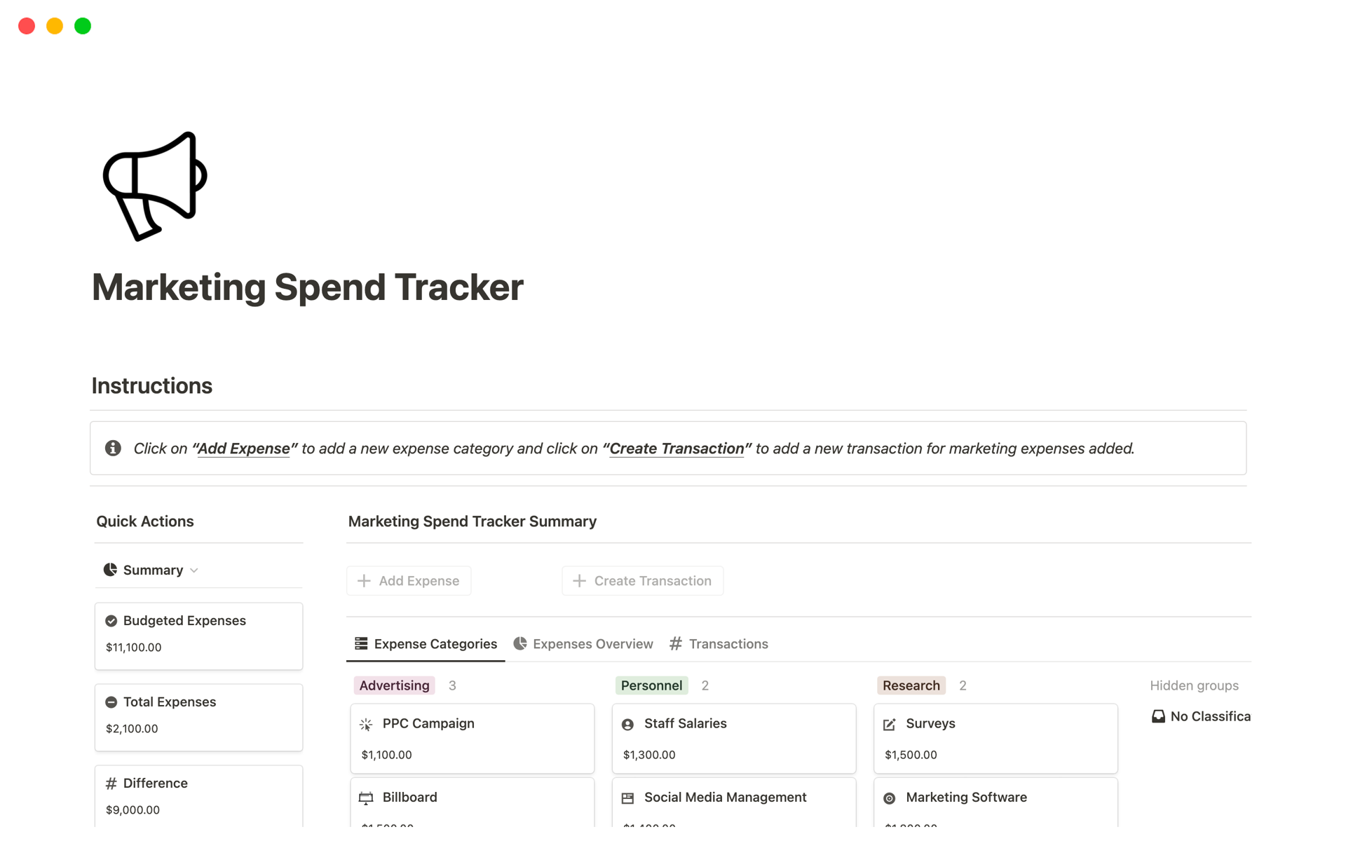 En forhåndsvisning av mal for Marketing Spend Tracker