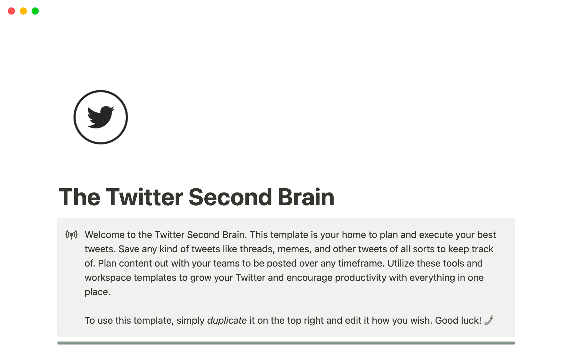 En forhåndsvisning av mal for The Twitter Second Brain