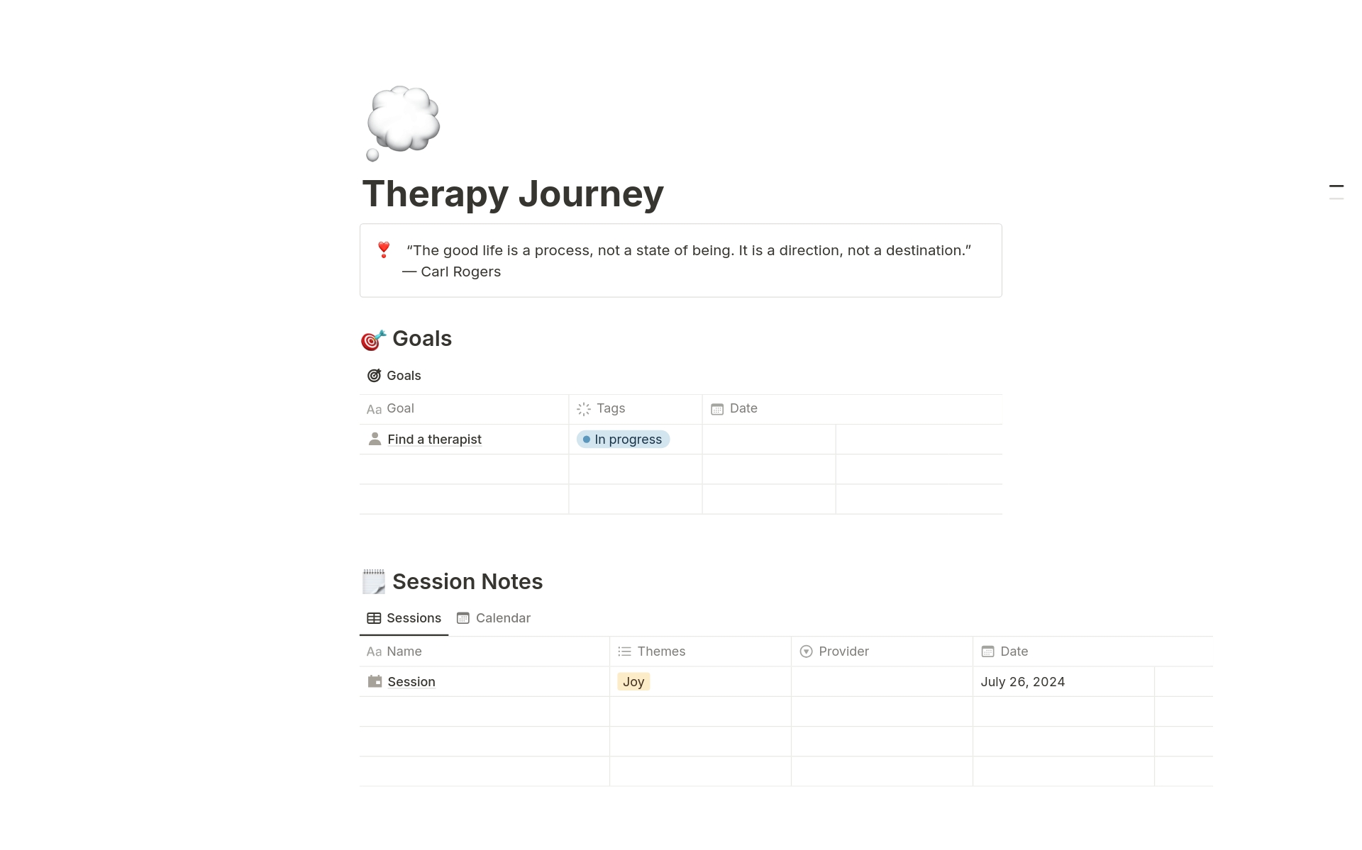 Keep track of your therapy journey by documenting your goals and therapy session notes. This is a simple template to stay in touch with your goals, feelings, and therapy sessions. This template also includes a guide on finding in-network therapy providers with your insurance.