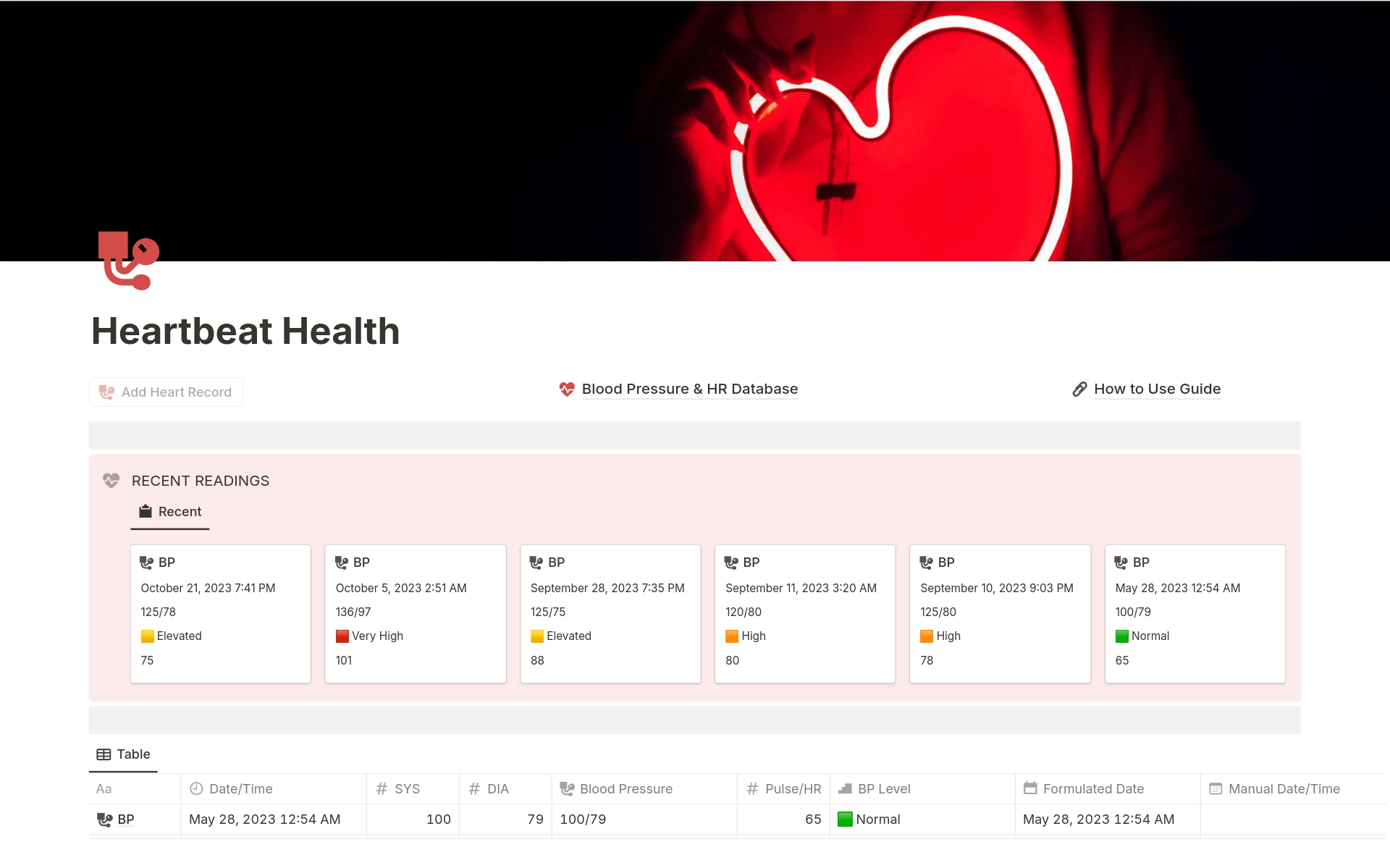 En forhåndsvisning av mal for Heartbeat Health