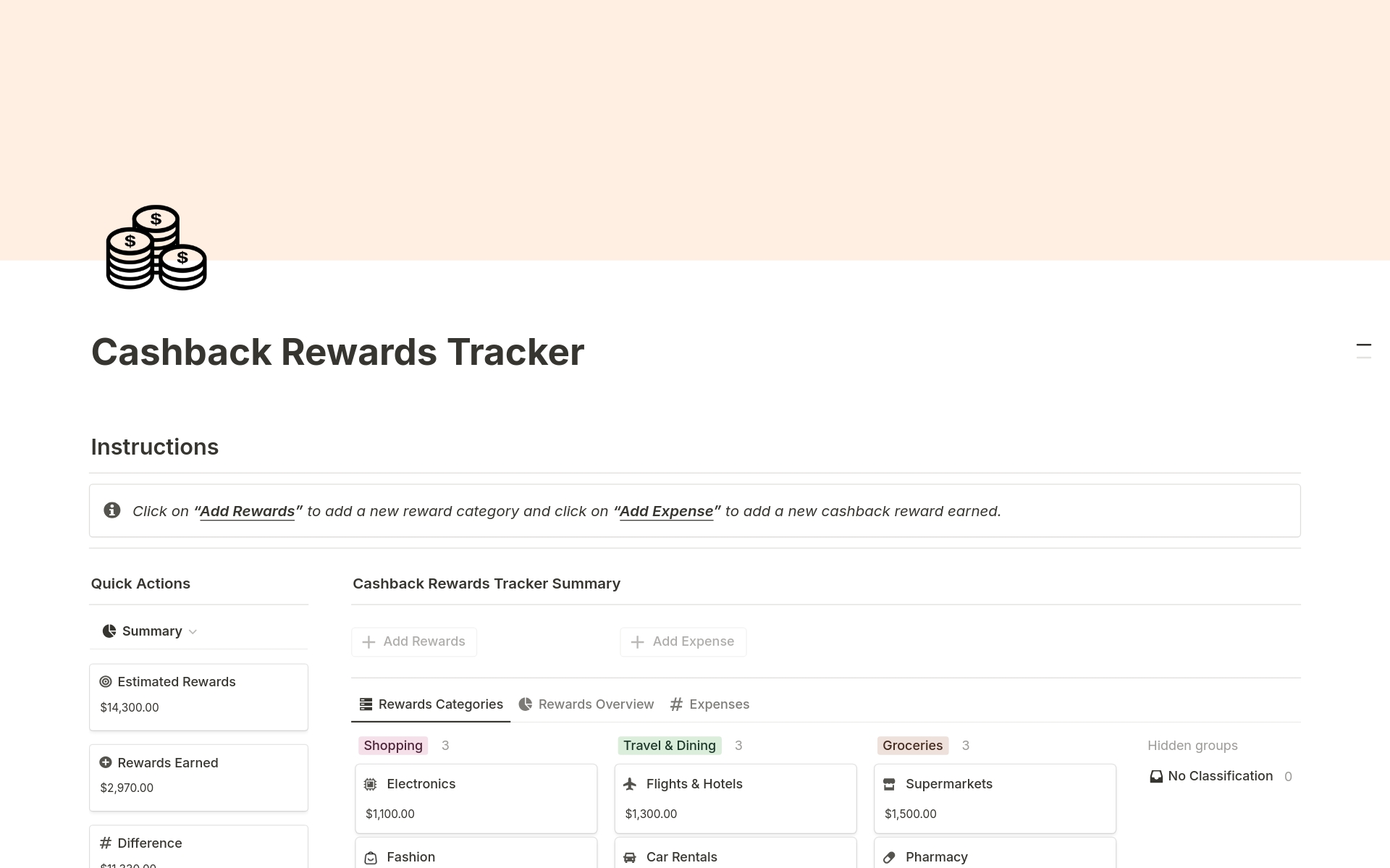 Ideal for those who are looking to keep track of their cashback rewards, this tracker helps you keep track of cashback such as shopping, travel & dining, groceries and much more.