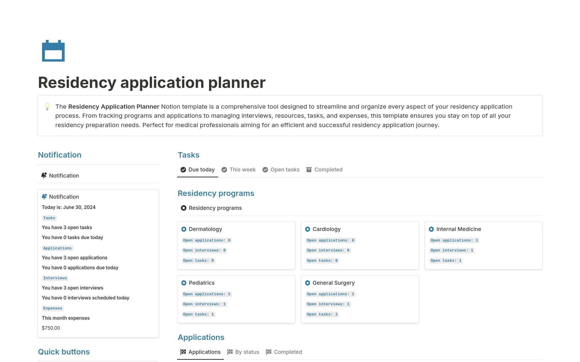 The Residency Application Planner Notion template is a comprehensive tool designed to streamline and organize every aspect of your residency application process. 