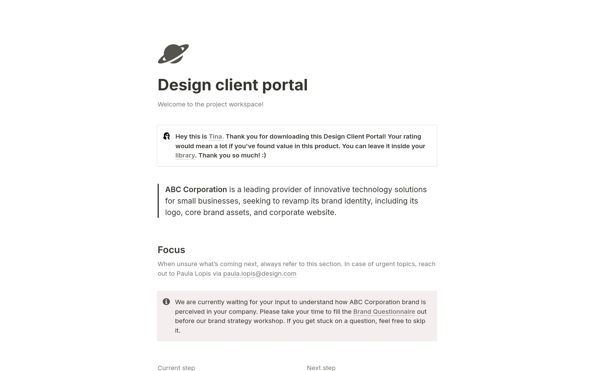 En forhåndsvisning av mal for Design Client Portal