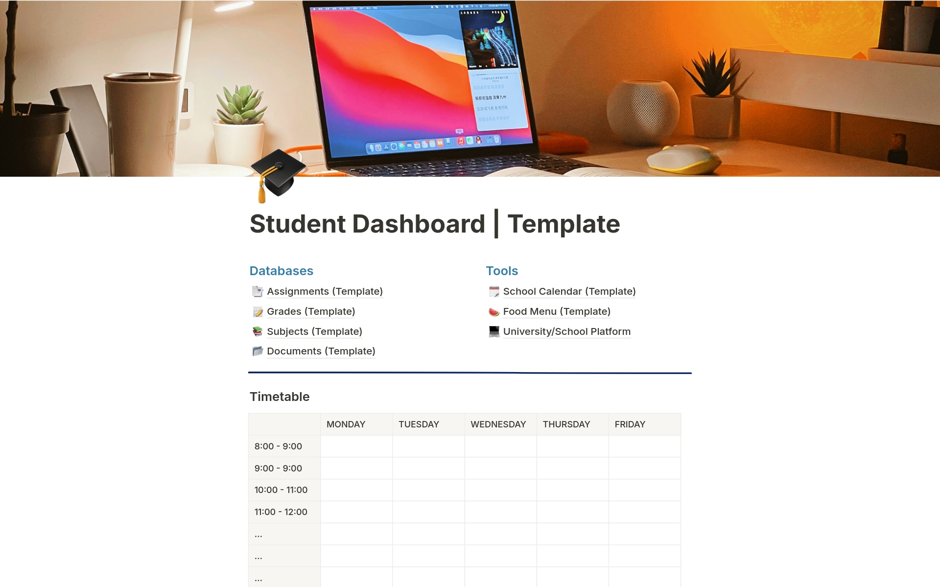 Stay organized with the Notion Student Template. Track subjects, grades, documents, and pending assignments. Keep everything in one place for efficient studying.