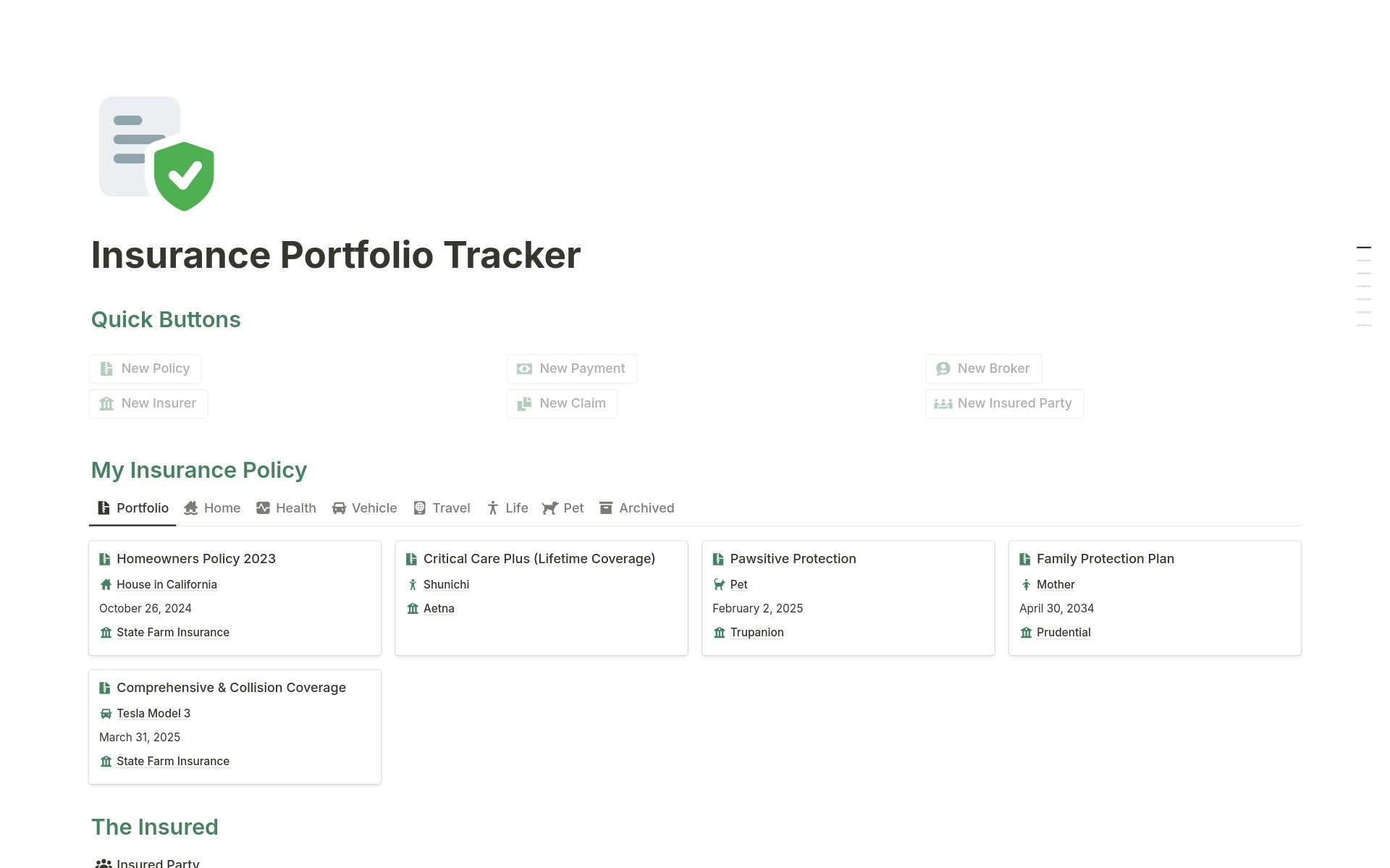 A template preview for Insurance Portfolio Tracker