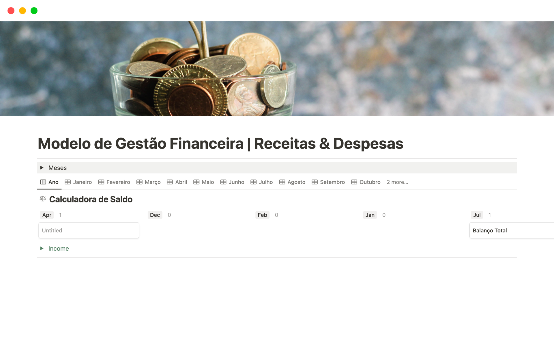 En förhandsgranskning av mallen för Modelo de Gestão Financeira | Receitas & Despesas
