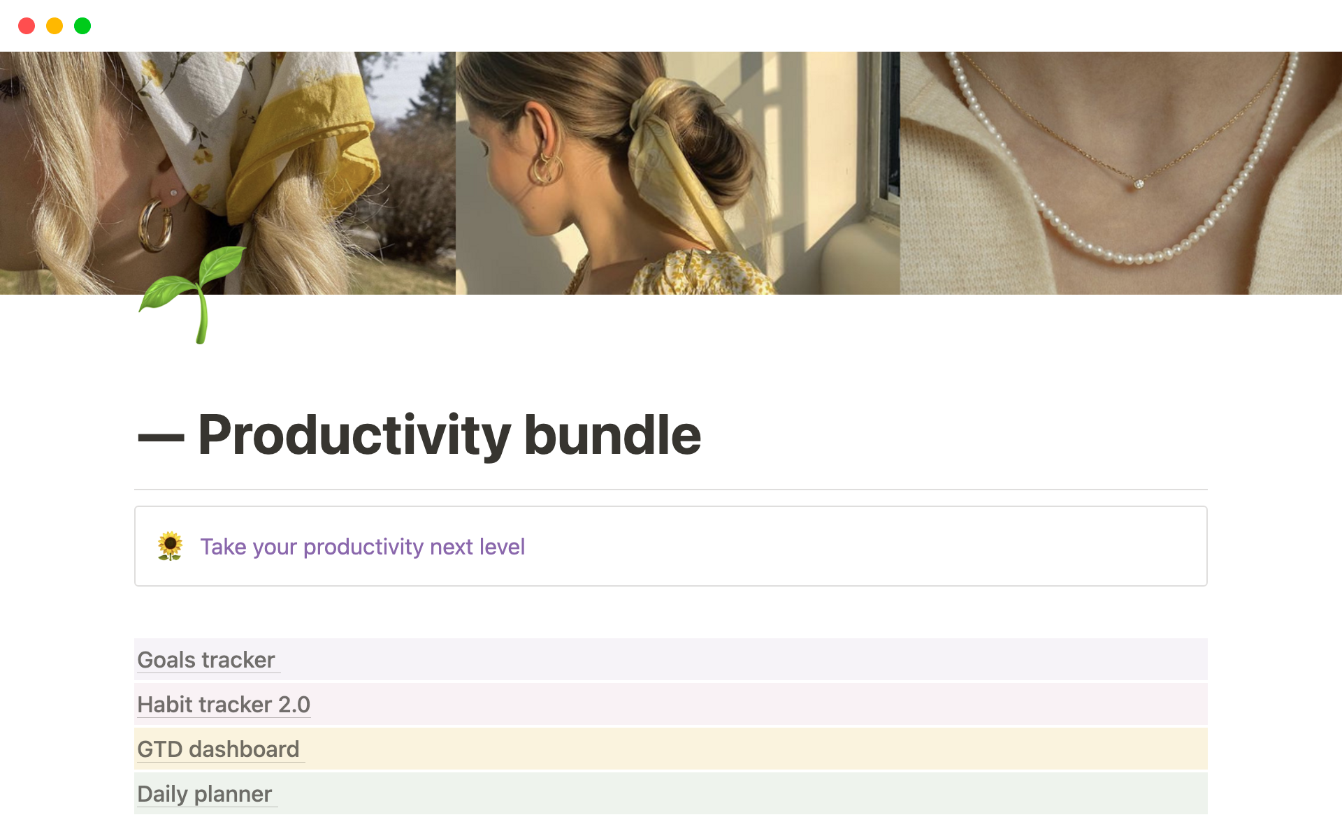 This productivity bundle is a collection of 4 notion templates designed to enhance productivity and efficiency in various aspects of work and life.