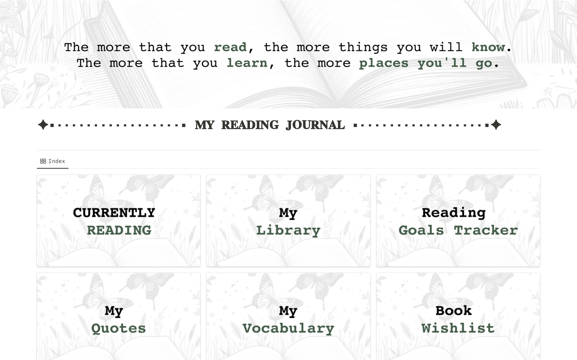En förhandsgranskning av mallen för Reading Journal - Book Tracker