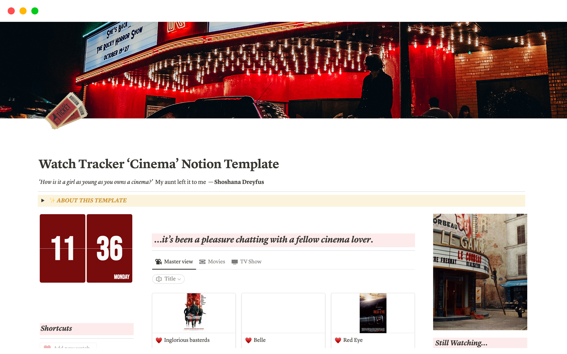 Mallin esikatselu nimelle Watch Tracker ‘Cinema’ Notion Template