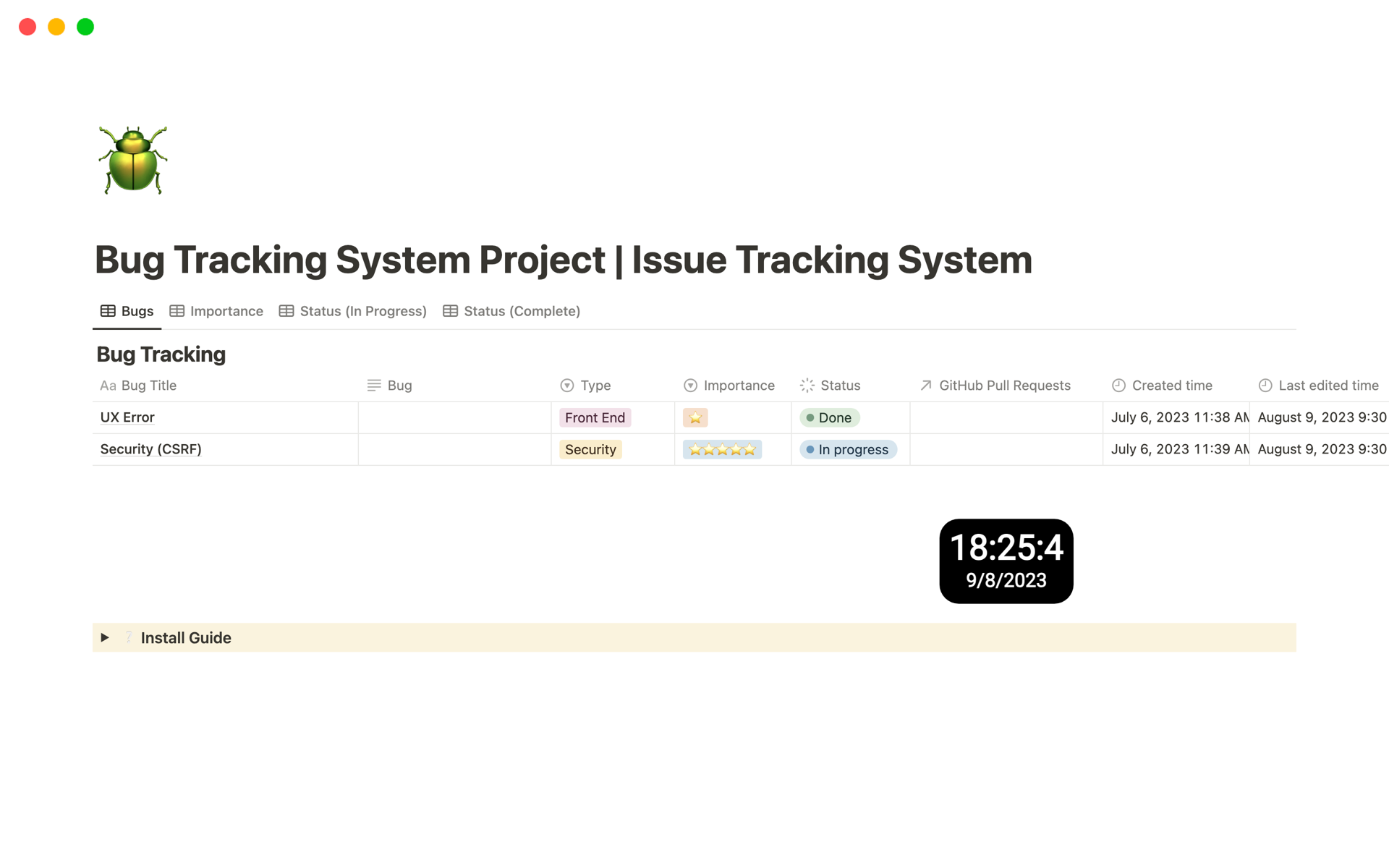 Vista previa de una plantilla para Bug Tracking System Project, Issue Tracking System