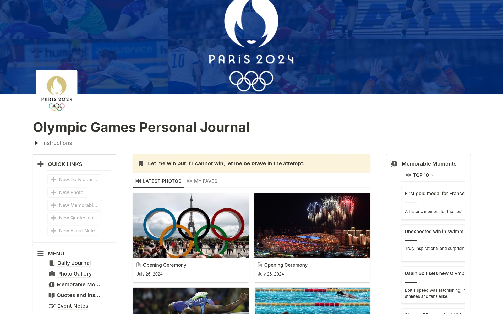 A personal journal template for documenting your own experiences and reflections during the Paris 2024 Olympics.