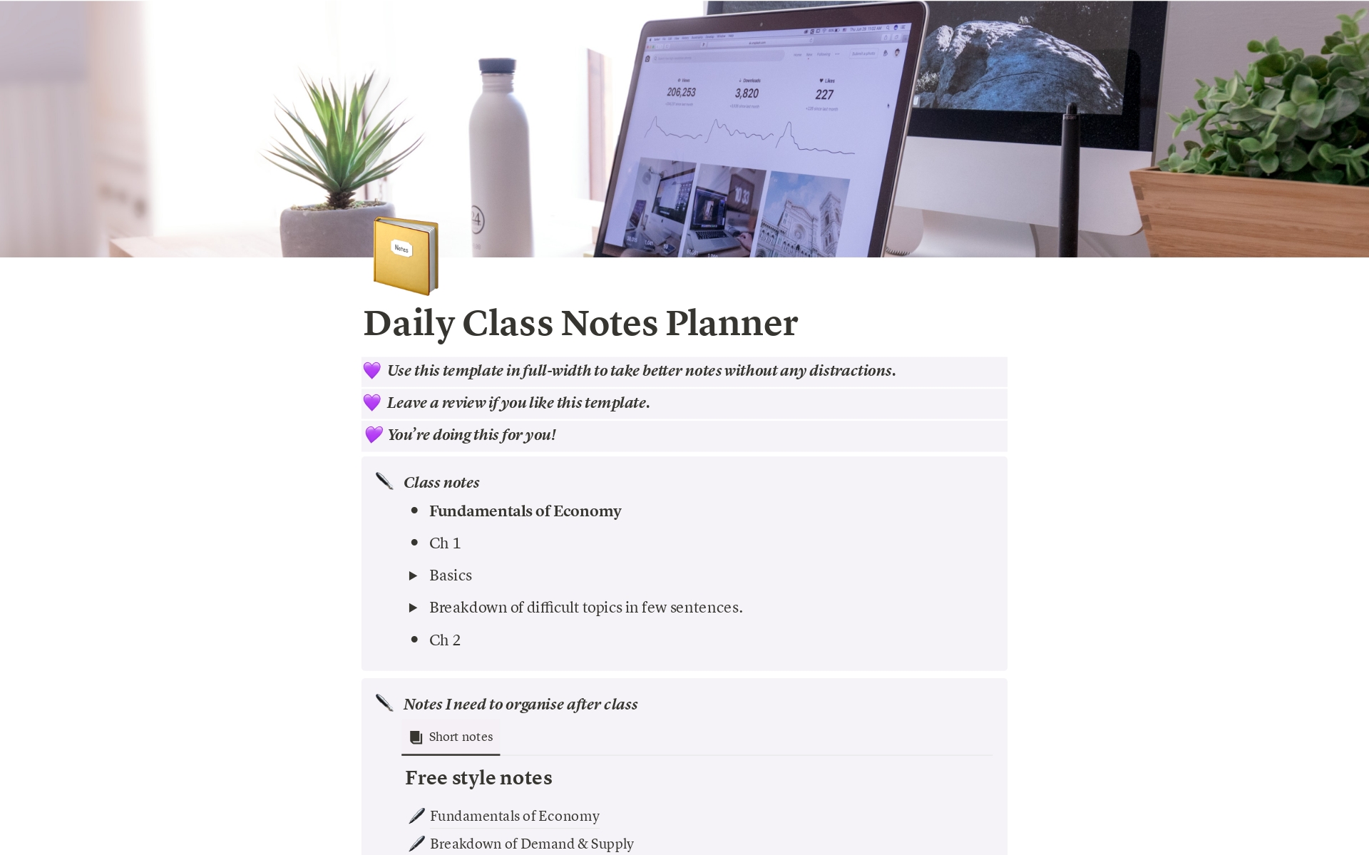 En förhandsgranskning av mallen för Daily Class Notes Planner