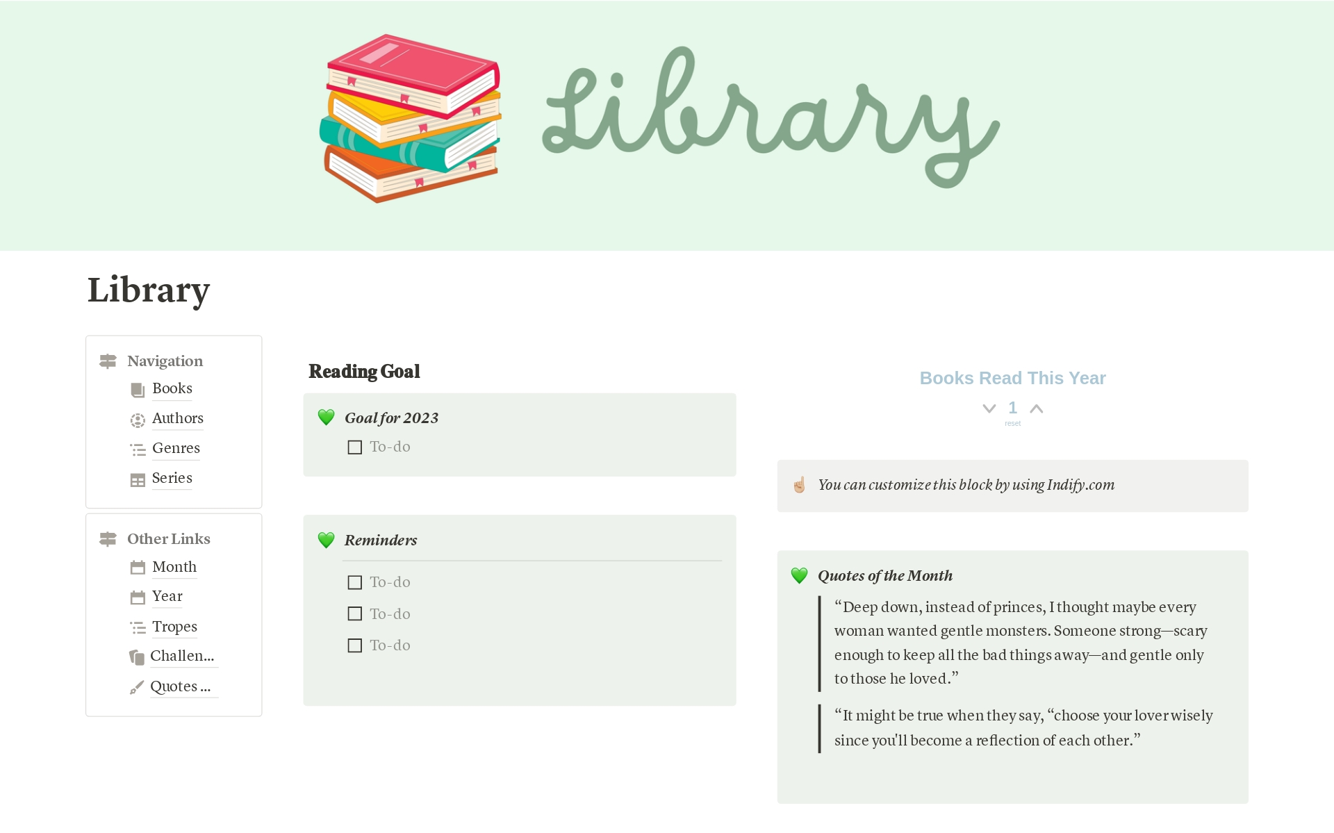 Your customizable Online Library! Make your own version of "goodreads"! Track what you read, what you want to read, your thoughts and goals and challenge yourselves with you ways to spice up your reading journey