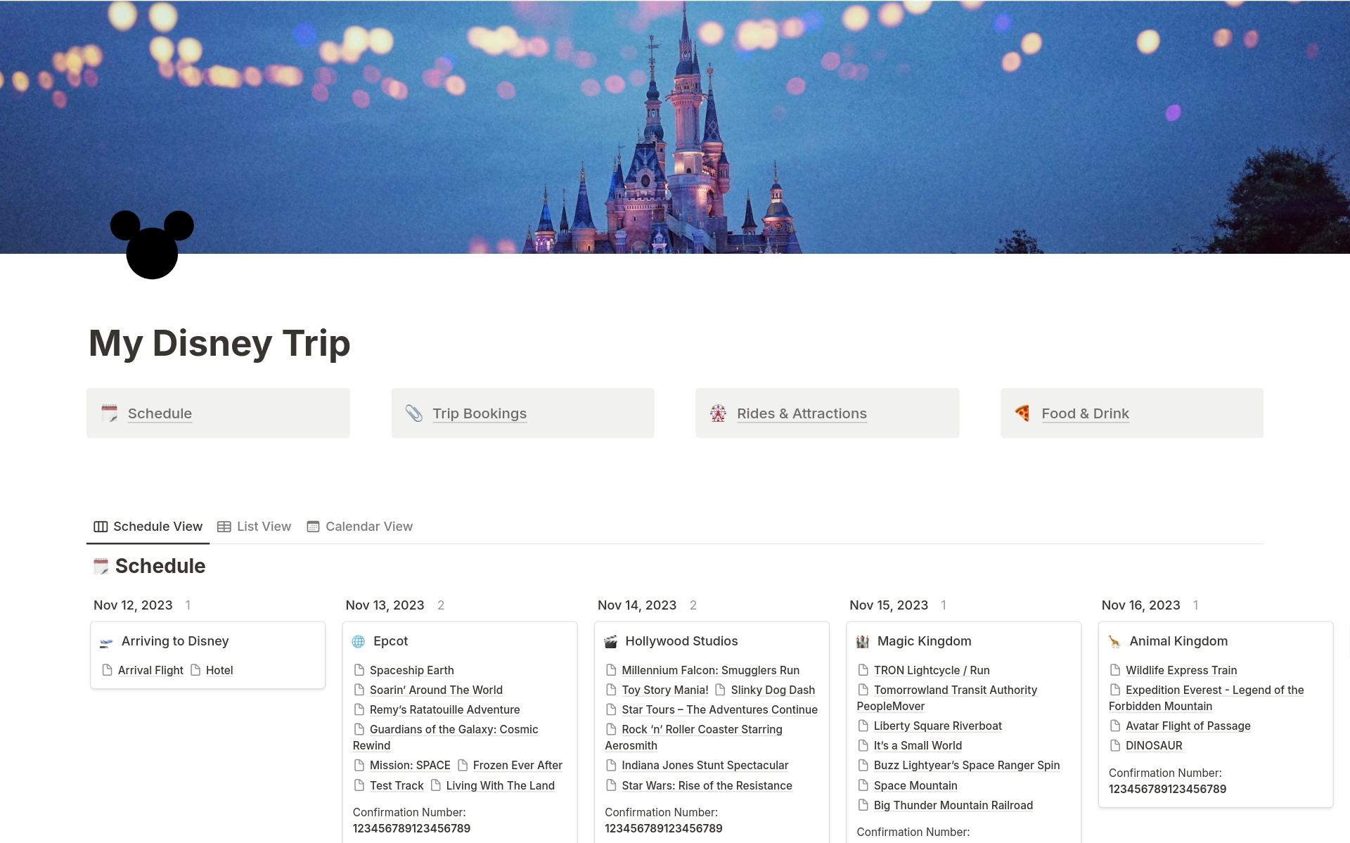En förhandsgranskning av mallen för Disney World Trip Planner
