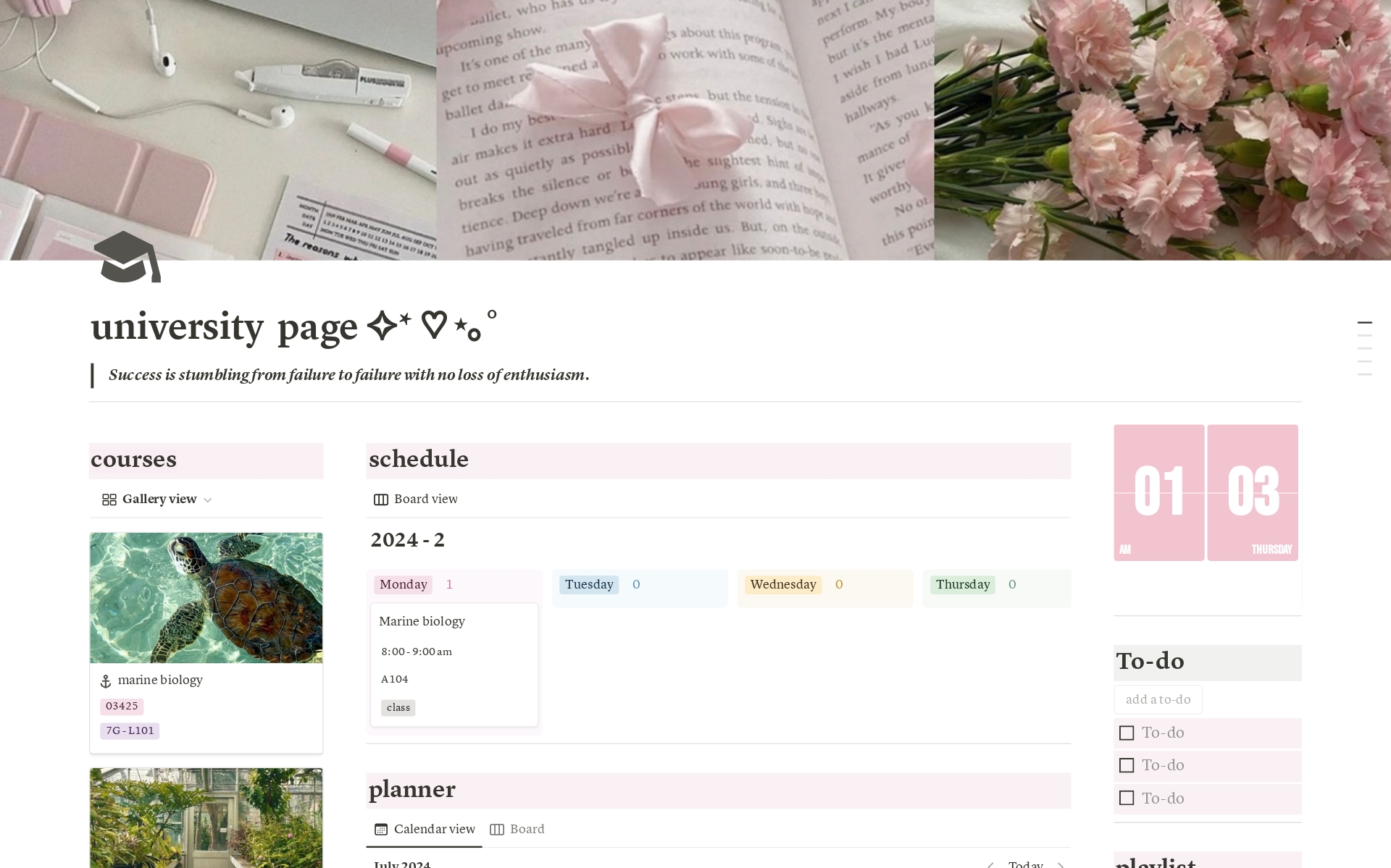 This pink aesthetic template includes a fully customizable class schedule, monthly and weekly planners with reminders, course notes and to do lists. Also, it's cute and pink :)