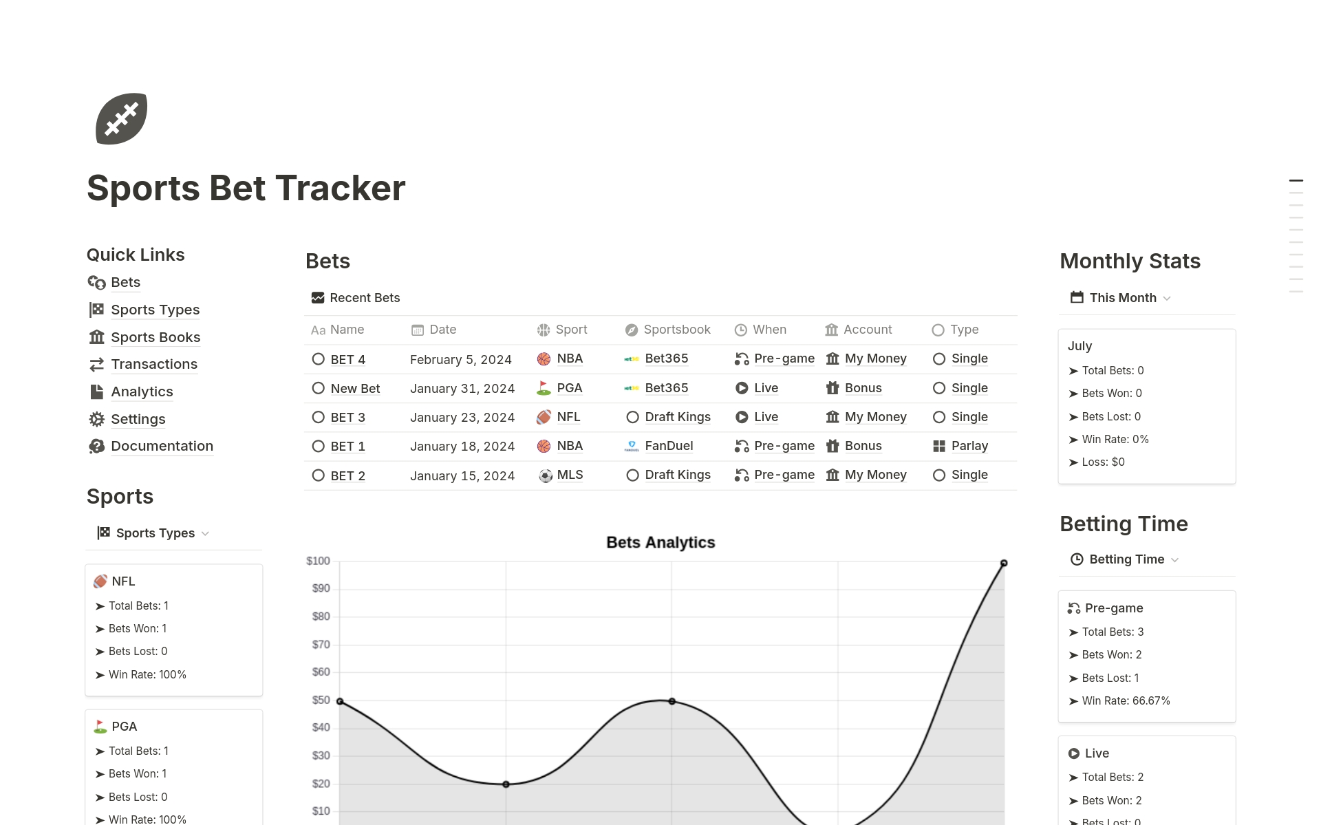 A template preview for Sports Betting Tracker