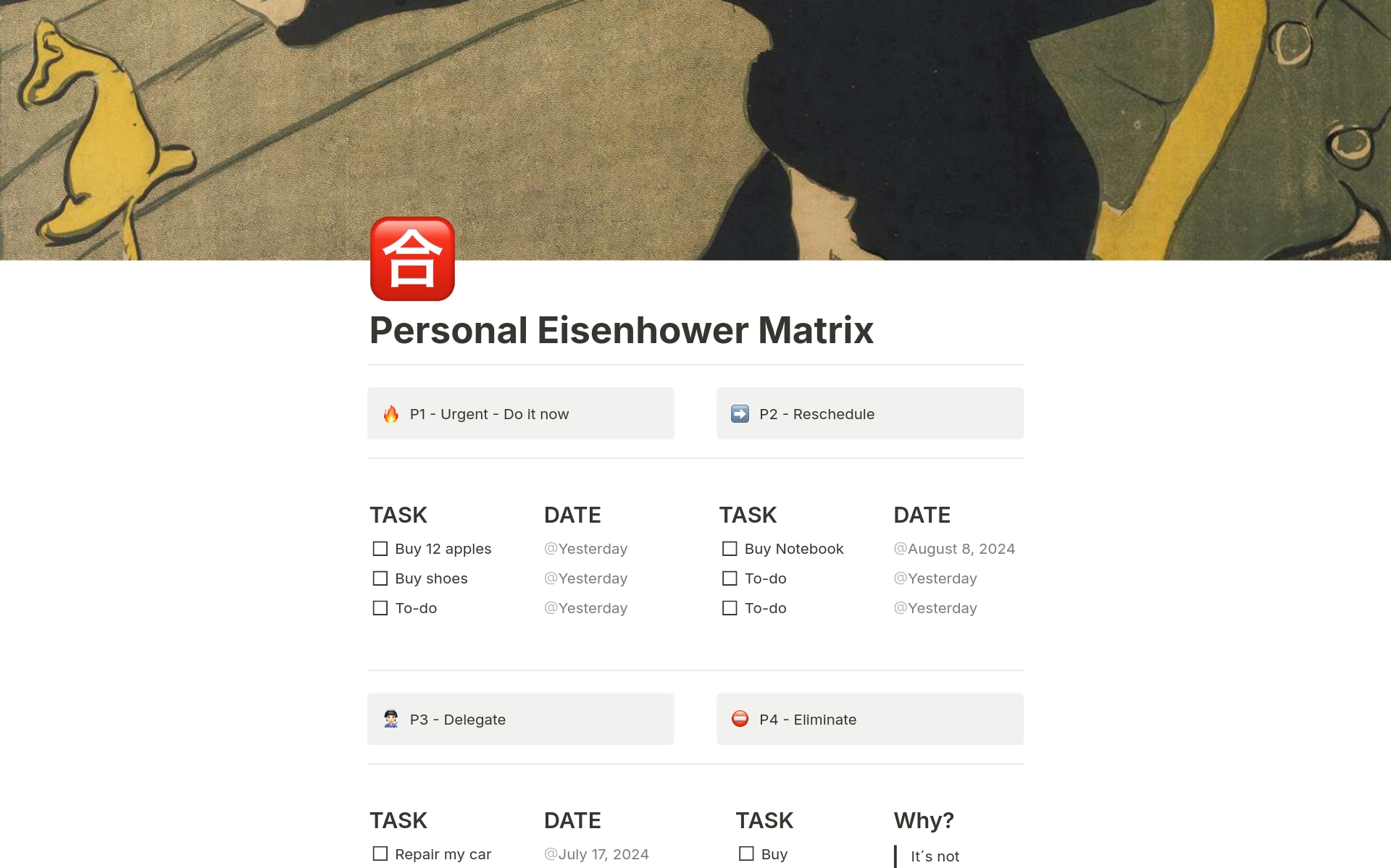 En forhåndsvisning av mal for Personal and Business Eisenhower Matrix