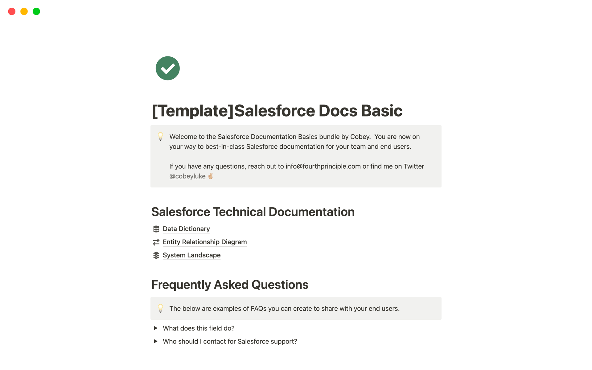 Vista previa de una plantilla para Basic Salesforce Technical Documentation System