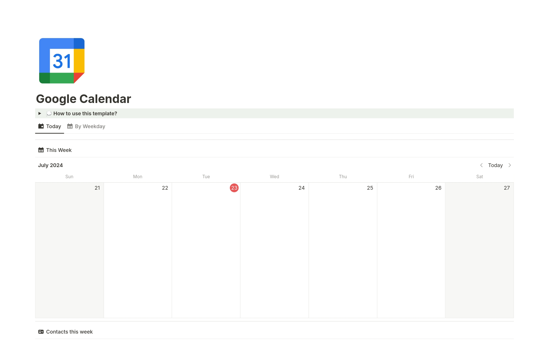 This template syncs your Google Calendar events with Notion for seamless schedule management. Easy to set up, it ensures your events are always up-to-date in one place. Ideal for professionals, students, and anyone seeking organized efficiency. No more app switching!