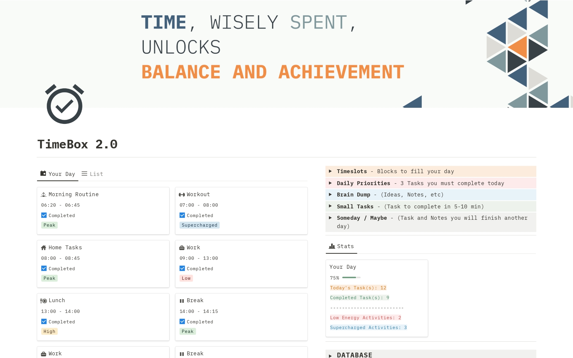 Slay your to-do list & reclaim your time with Timebox 2.0 (Notion).
This powerful template helps you conquer tasks with laser focus, say goodbye to procrastination, and finally achieve that elusive work-life balance.   Get started crushing goals today!
