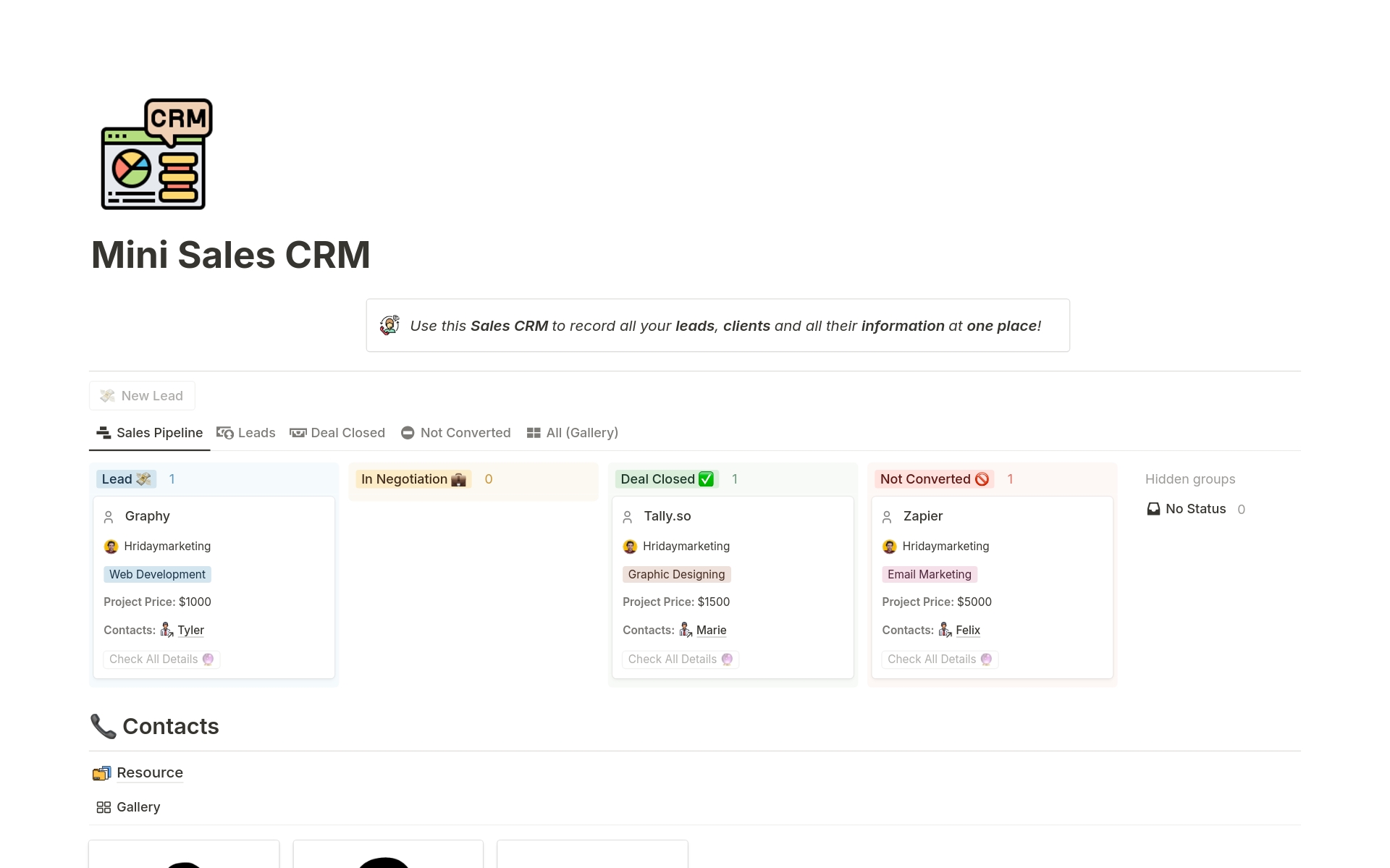 Close Deals Faster & Get Organized!

Introducing the Business Sales CRM: Organize your leads, track deals, and close more sales - all within the powerful (and familiar) interface of Notion
