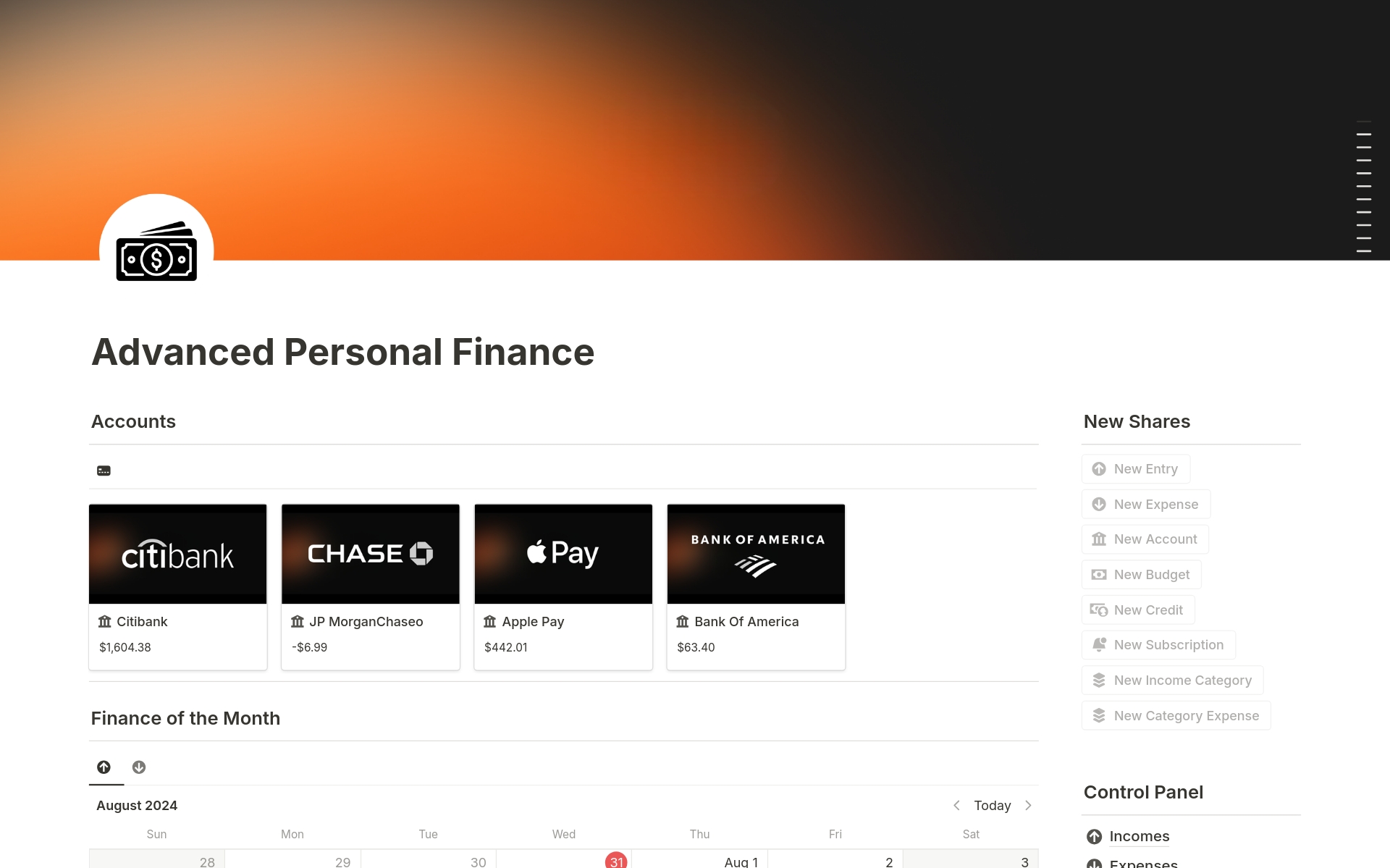 Manage your personal finances with greater precision using our Advanced Personal Finance template in Notion. Ideal for those seeking detailed control.