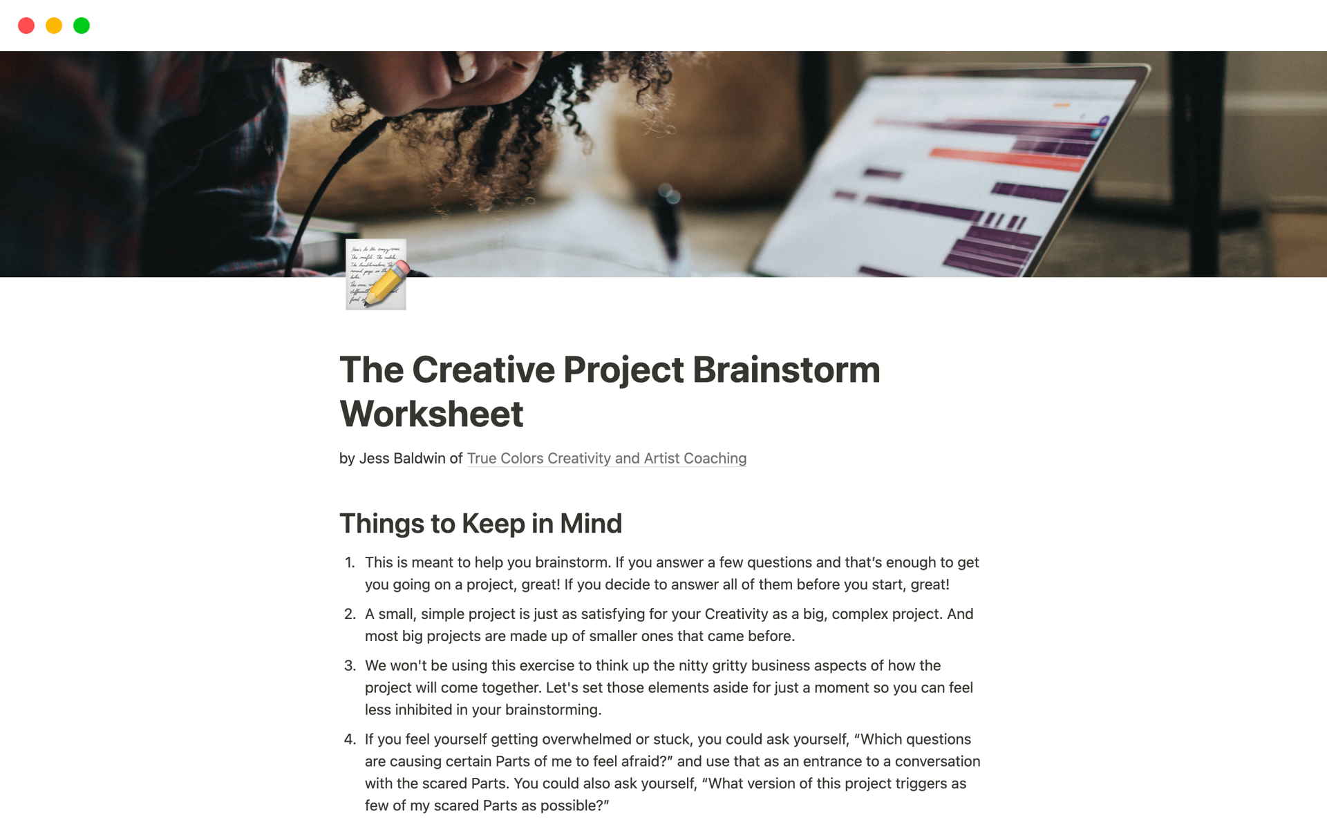 En forhåndsvisning av mal for The Creative Project Brainstorm Worksheet