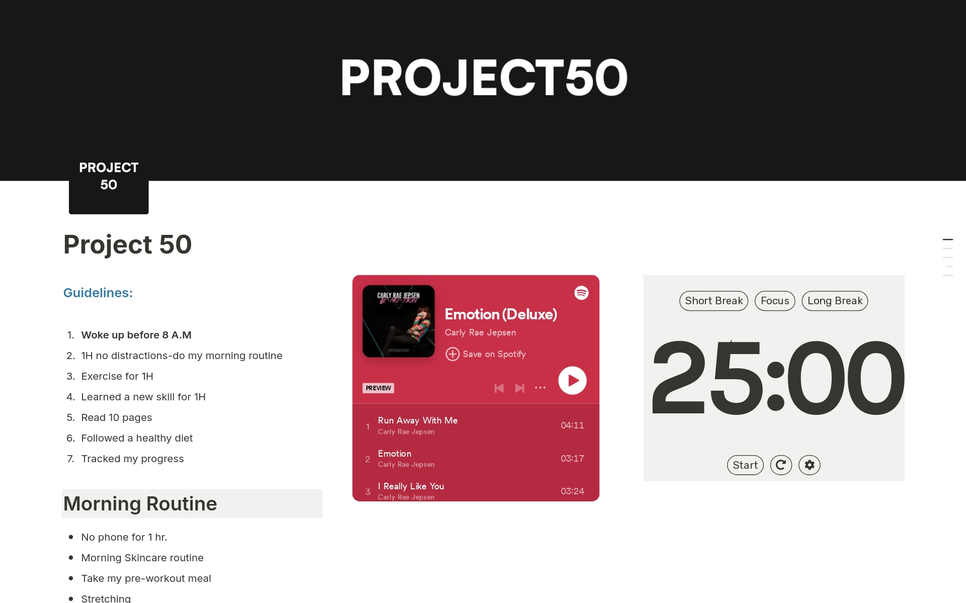 A template preview for Project 50 Dashboard