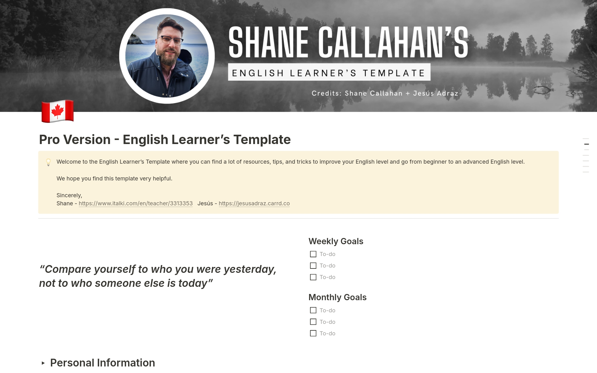 En forhåndsvisning av mal for Ultimate English Learning Guide