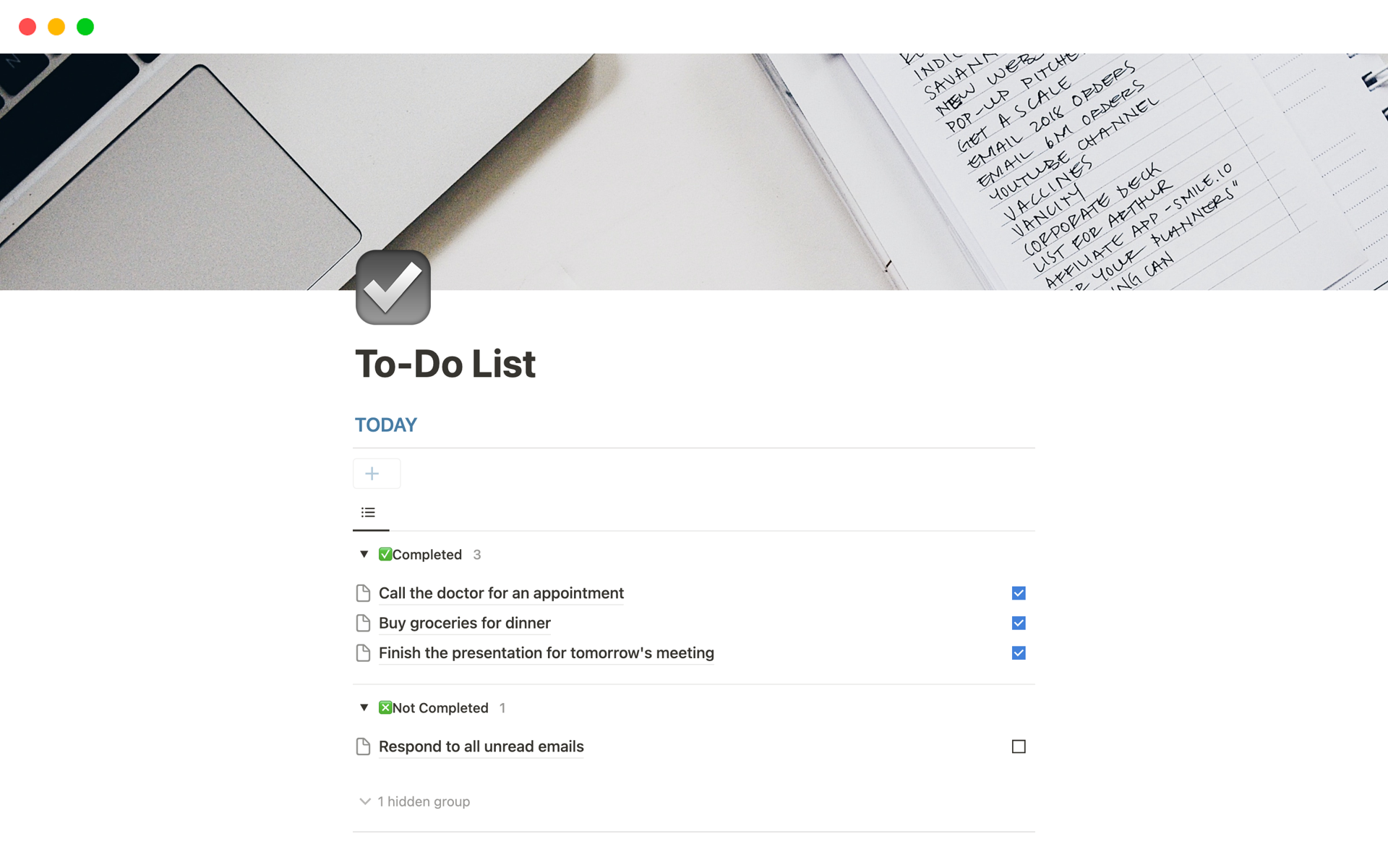 This simple template helps you manage your to-do list with a status section to keep track of completed and pending tasks.