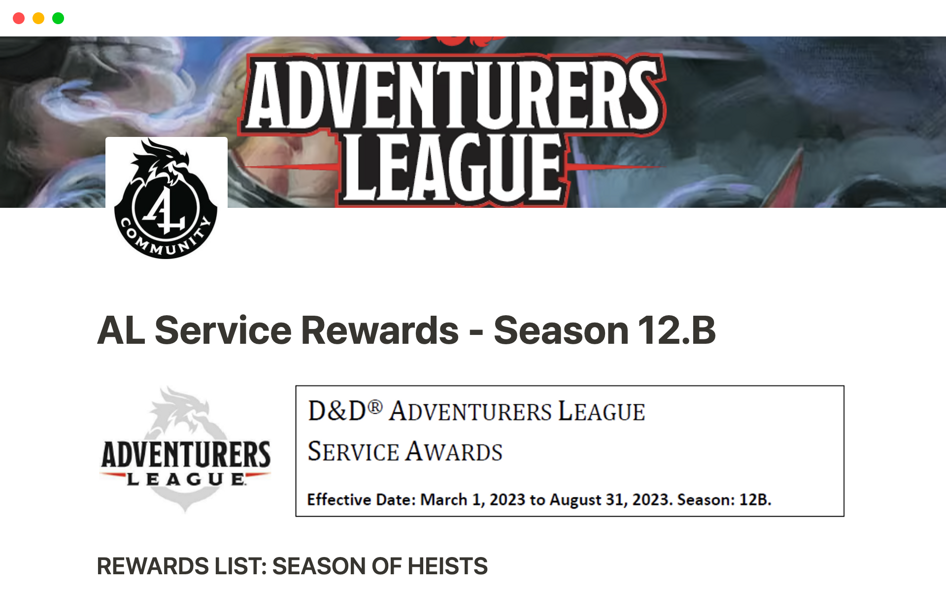 En forhåndsvisning av mal for Dungeons and Dragons - Adventurer's League Service Tracker - Season 12.B