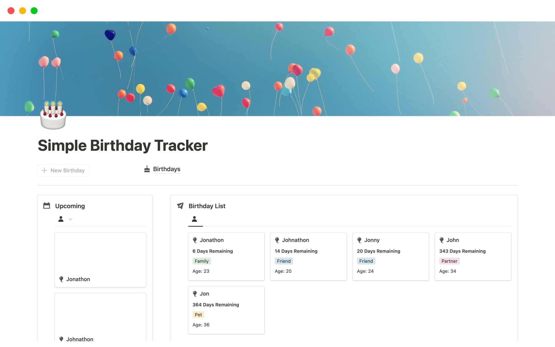 En förhandsgranskning av mallen för Birthday Tracker