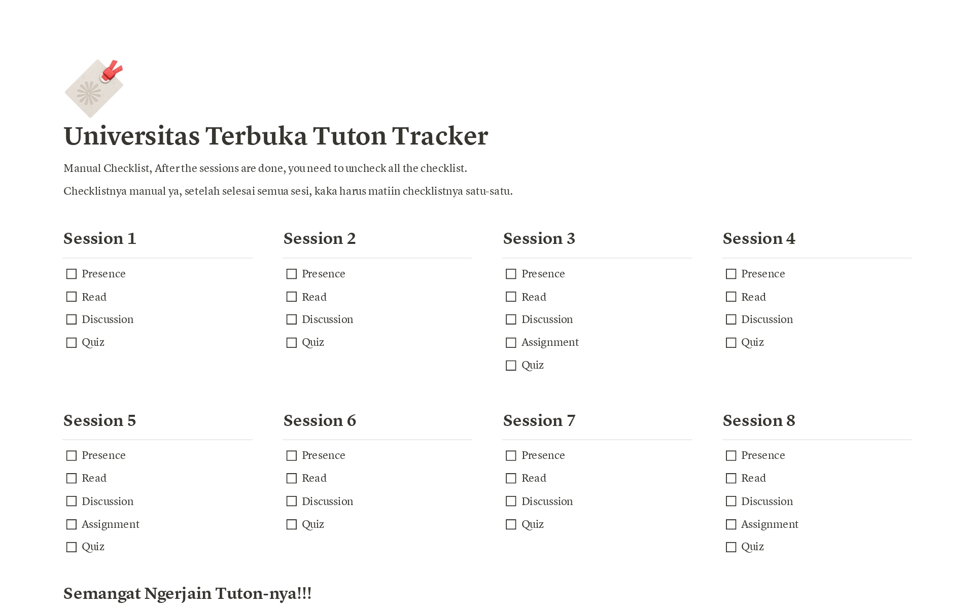 En forhåndsvisning av mal for Tuton Checker for Universitas Terbuka