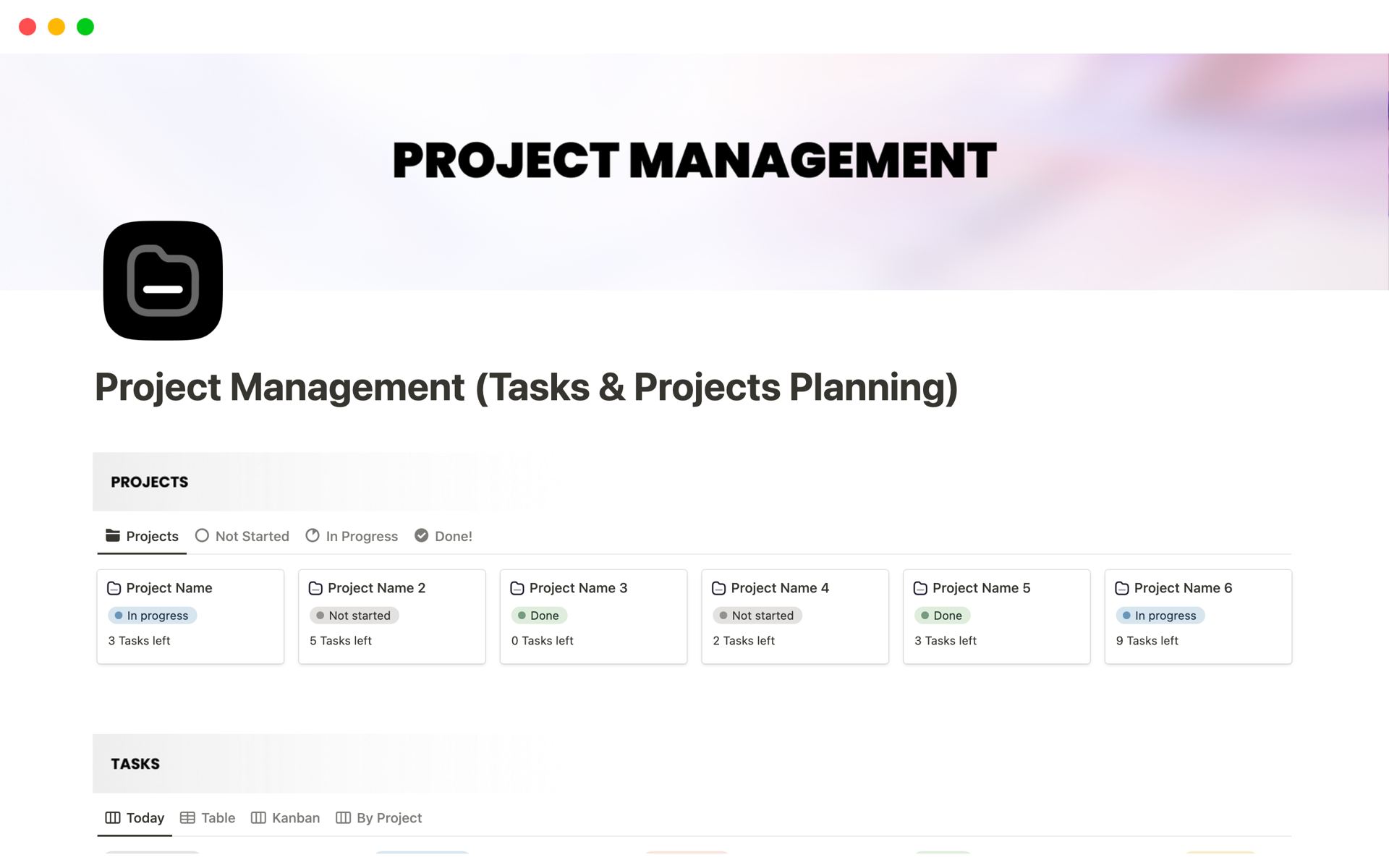 En förhandsgranskning av mallen för Project Management (Tasks & Projects Planning)